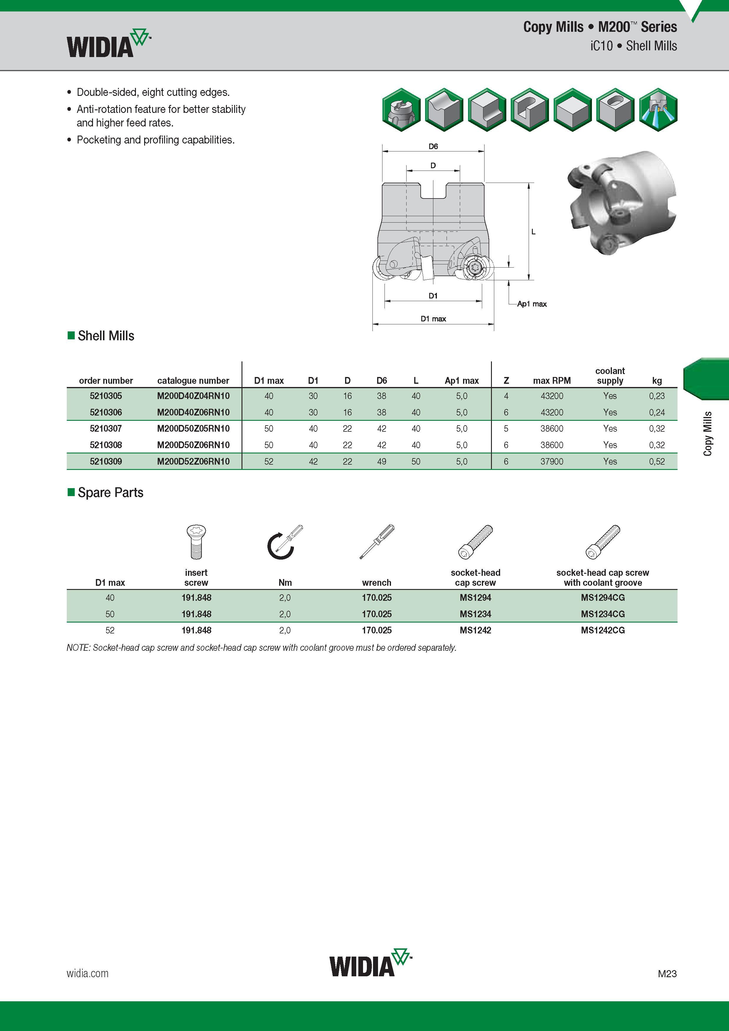 927 Copy Mills Widia M200 Series iC10 Shell Mills Double-sided, eight cutting edges Anti-rotation feature for better stability and higher feed rates Po Каталог WIDIA 2017 Металлорежущий инструмент Стационарный и вращающийся для металлообрабатывающих станков и оборудования Стр. M23 ENG
