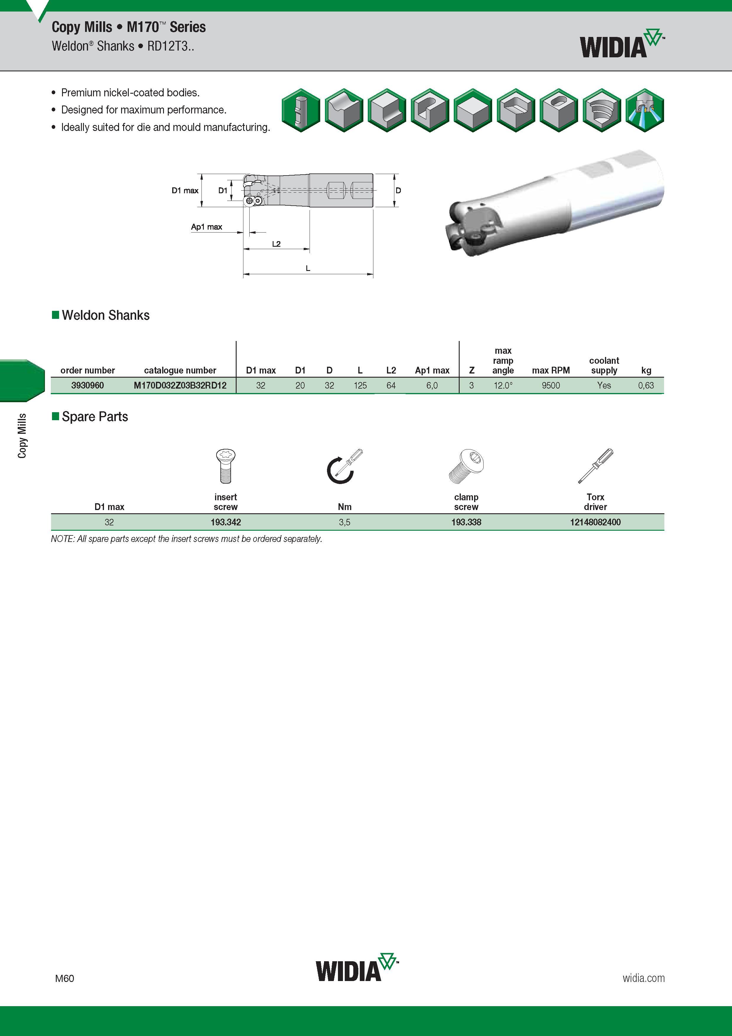 964 Copy Mills Copy Mills M170 Series Weldon Shanks RD12T3 Widia Premium nickel-coated bodies Designed for maximum performance Ideally suited for die a Каталог WIDIA 2017 Металлорежущий инструмент Стационарный и вращающийся для металлообрабатывающих станков и оборудования Стр. M60 ENG