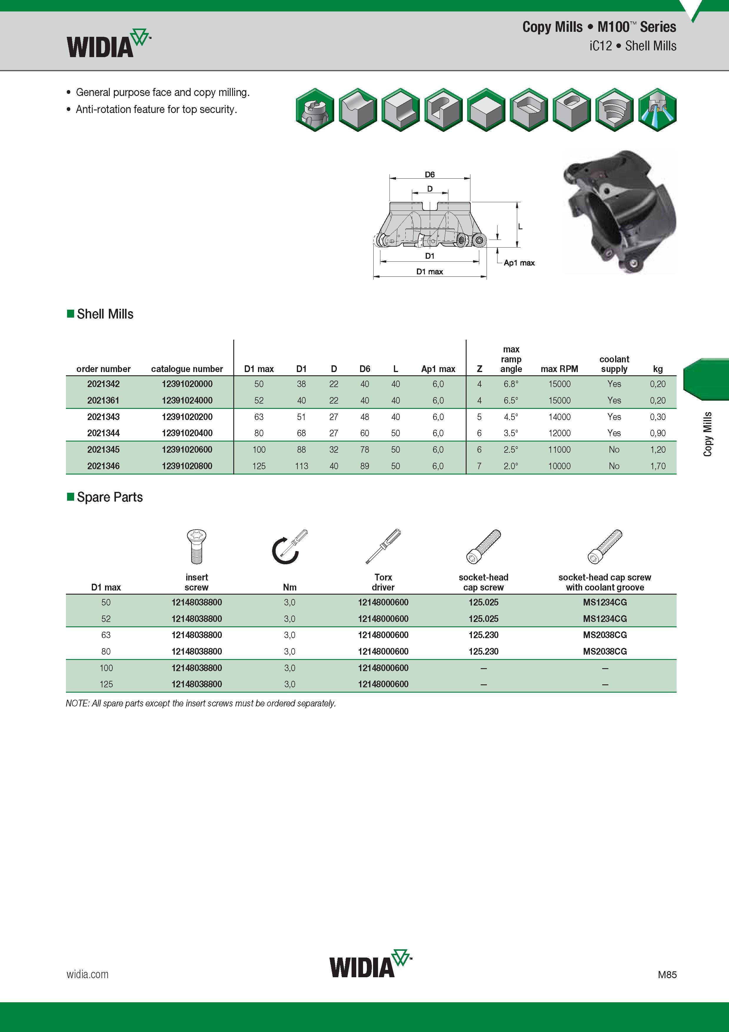 989 Widia Copy Mills M100 Series iC12 Shell Mills General purpose face and copy milling Anti-rotation feature for top security Shell Mills Номер для за Каталог WIDIA 2017 Металлорежущий инструмент Стационарный и вращающийся для металлообрабатывающих станков и оборудования Стр. M85 ENG
