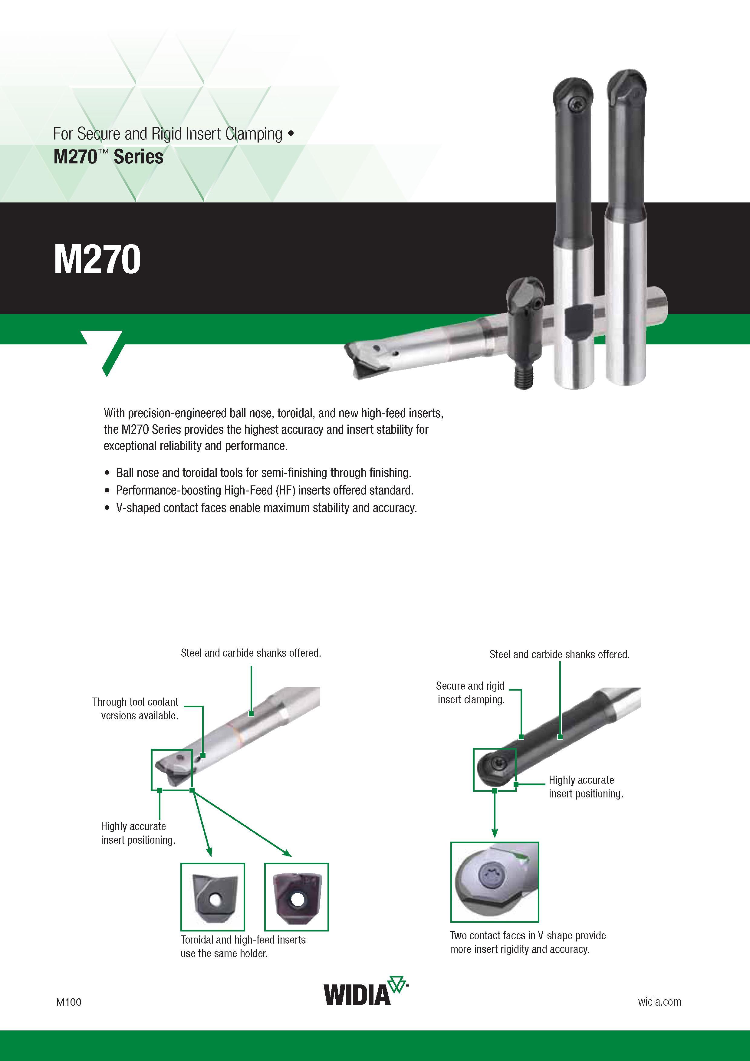 1004 With precision-engineered ball nose, toroidal, and new high-feed inserts, the M270 Series provides the highest accuracy and insert stability for ex Каталог WIDIA 2017 Металлорежущий инструмент Стационарный и вращающийся для металлообрабатывающих станков и оборудования Стр. M100 ENG