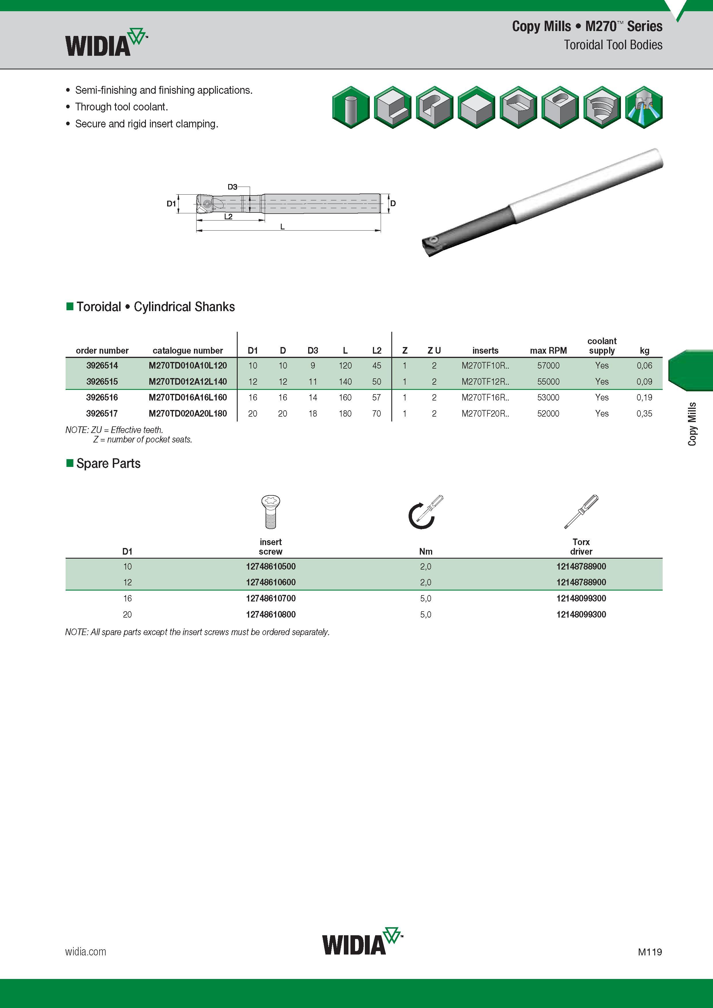 1023 Copy Mills Widia M270 Series Toroidal Tool Bodies Semi-finishing and finishing applications Through tool coolant Secure and rigid insert clamping T Каталог WIDIA 2017 Металлорежущий инструмент Стационарный и вращающийся для металлообрабатывающих станков и оборудования Стр. M119 ENG