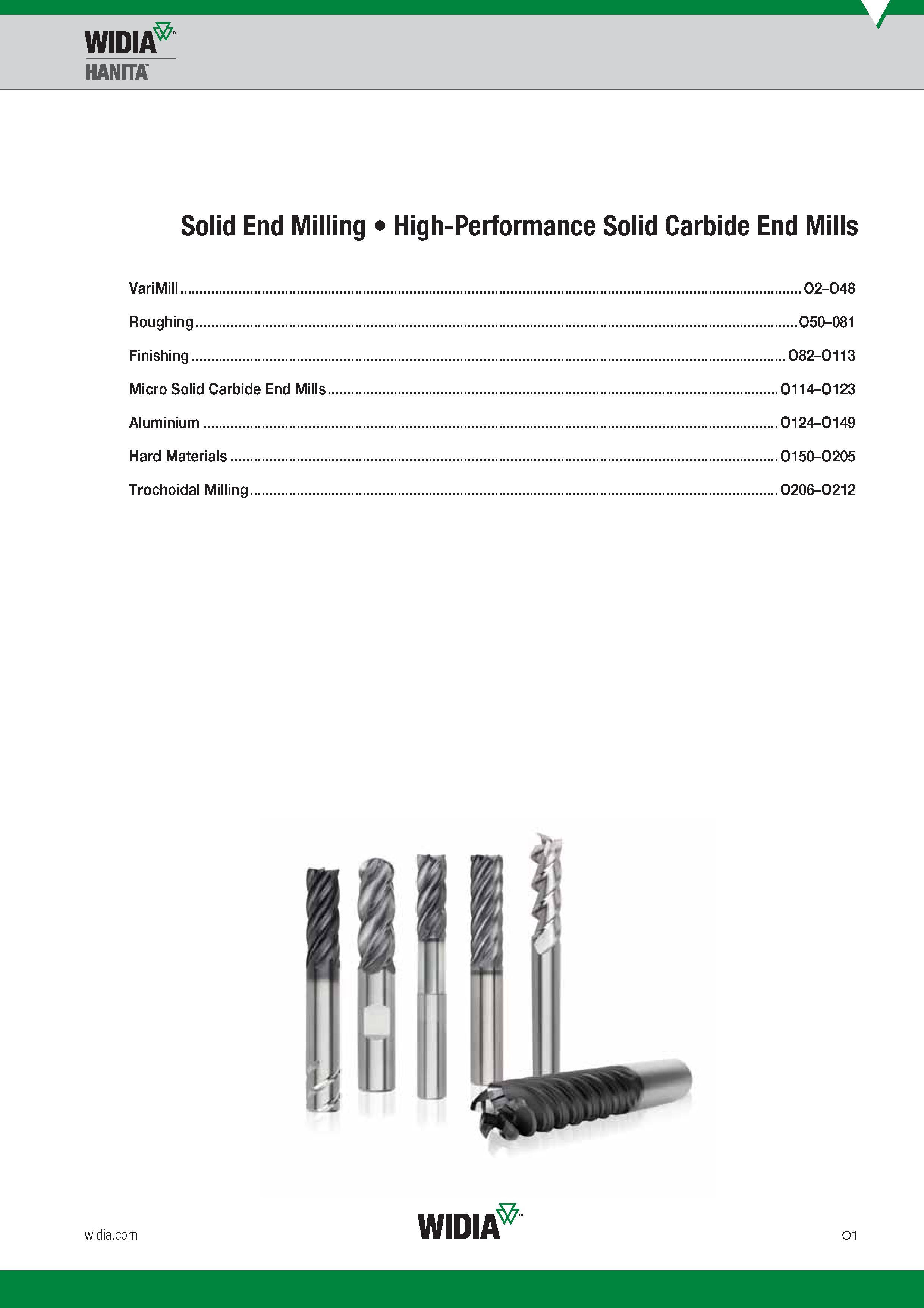 1061 Solid End Milling Widia Hanita High-Performance Solid Carbide End Mills VariMill Roughing Finishing Micro Solid Carbide End Mills Aluminium Hard Ma Каталог WIDIA 2017 Металлорежущий инструмент Стационарный и вращающийся для металлообрабатывающих станков и оборудования Стр. O1 ENG
