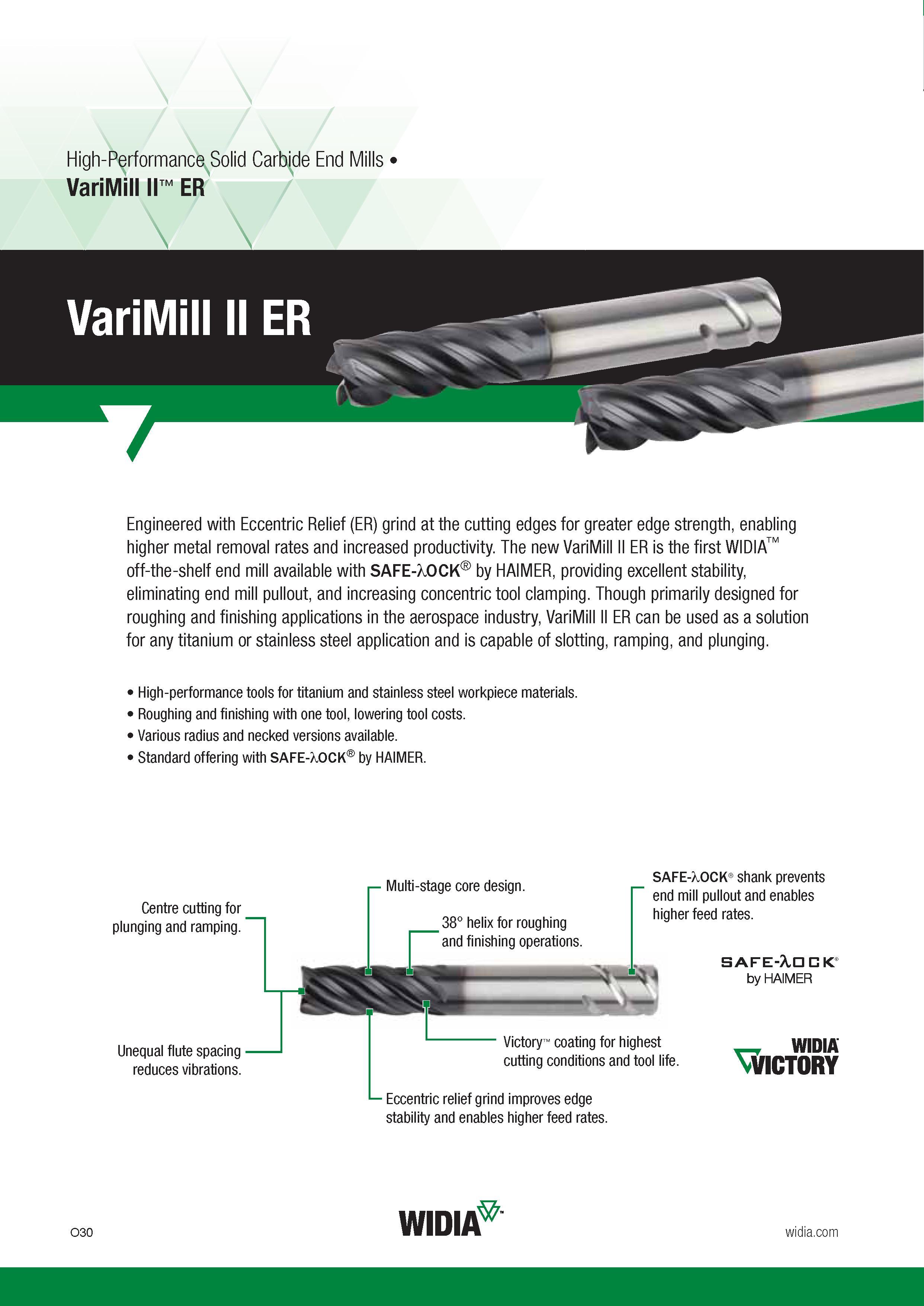 1090 High-Performance Solid Carbide End Mills VariMill II ER Engineered with Eccentric Relief (ER) grind at the cutting edges for greater edge strength, Каталог WIDIA 2017 Металлорежущий инструмент Стационарный и вращающийся для металлообрабатывающих станков и оборудования Стр. O30 ENG