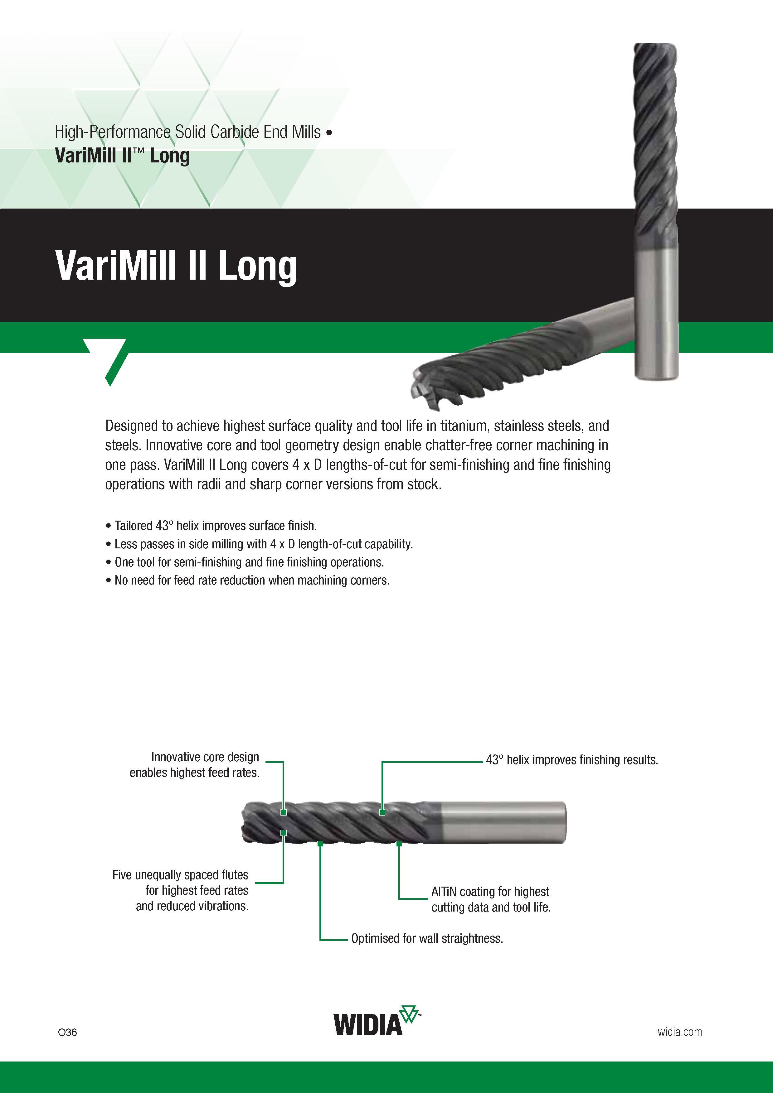 1096 High-Performance Solid Carbide End Mills Widia VariMill II Long Designed to achieve highest surface quality and tool life in titanium, stainless st Каталог WIDIA 2017 Металлорежущий инструмент Стационарный и вращающийся для металлообрабатывающих станков и оборудования Стр. O36 ENG