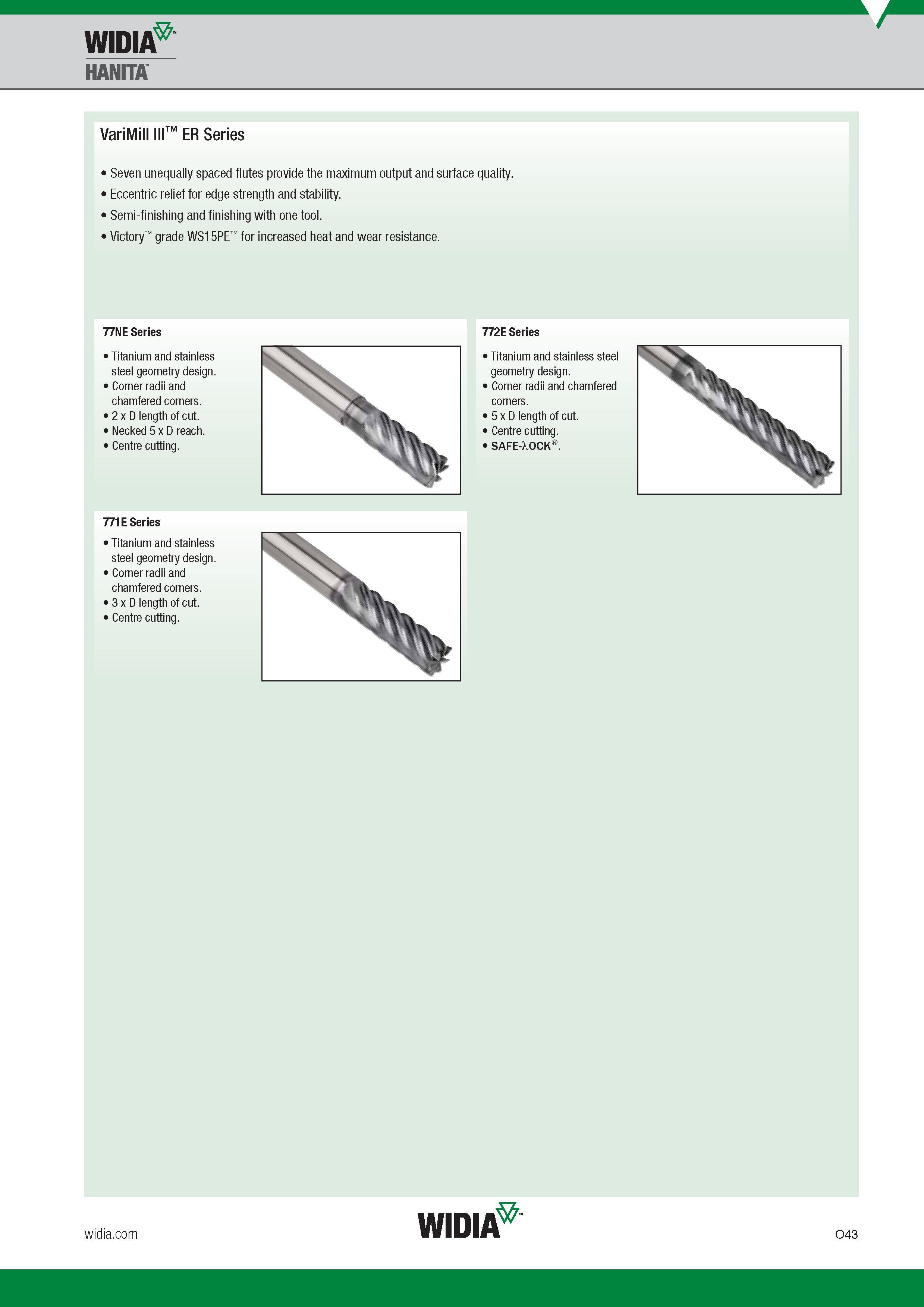 1103 Widia Hanita VariMill III ER Series Seven unequally spaced flutes provide the maximum output and surface quality Eccentric relief for edge strength Каталог WIDIA 2017 Металлорежущий инструмент Стационарный и вращающийся для металлообрабатывающих станков и оборудования Стр. O43 ENG