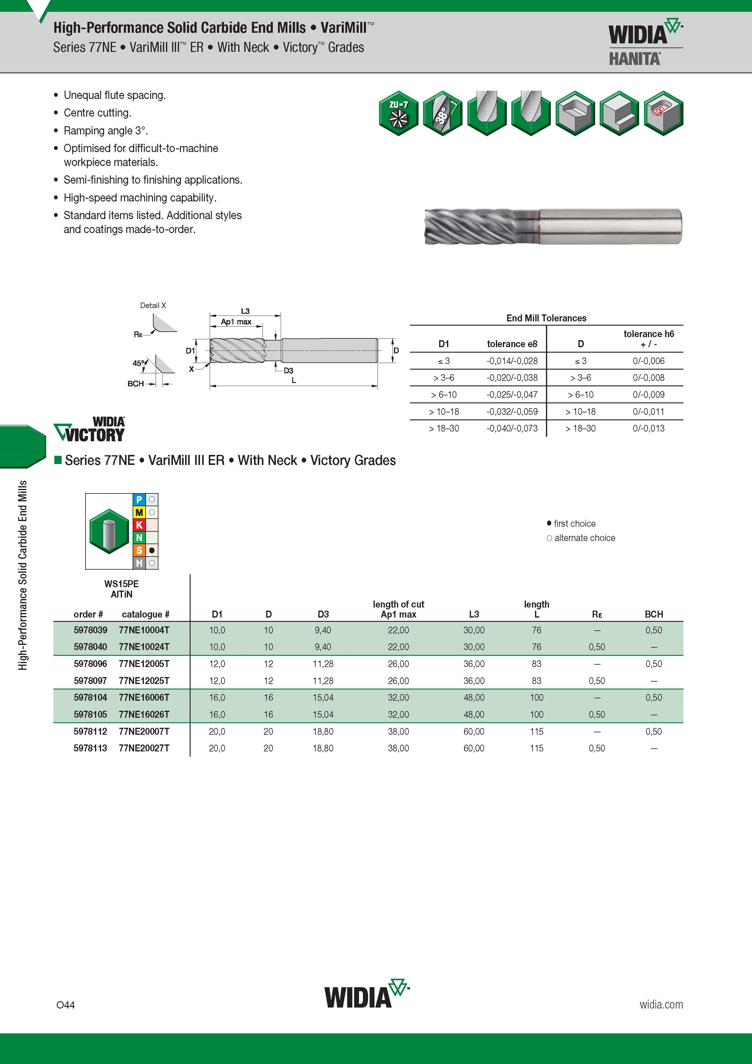 1104 Solid Carbide End Mills Widia Hanita 77NE VariMill III ER With Neck Victory Grades Unequal flute spacing Centre cutting Ramping angle 3° Optimised Каталог WIDIA 2017 Металлорежущий инструмент Стационарный и вращающийся для металлообрабатывающих станков и оборудования Стр. O44 ENG
