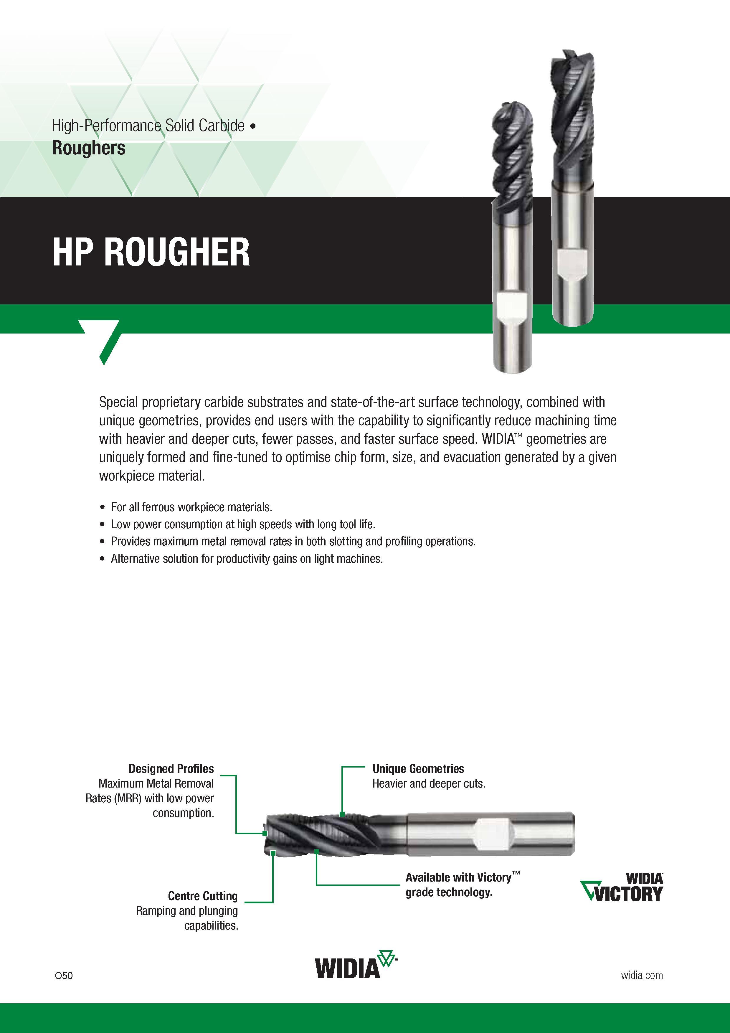 1110 Solid Carbide Roughers HP ROUGHER Special proprietary carbide substrates and state-of-the-art surface technology, combined with unique geometries, Каталог WIDIA 2017 Металлорежущий инструмент Стационарный и вращающийся для металлообрабатывающих станков и оборудования Стр. O50 ENG