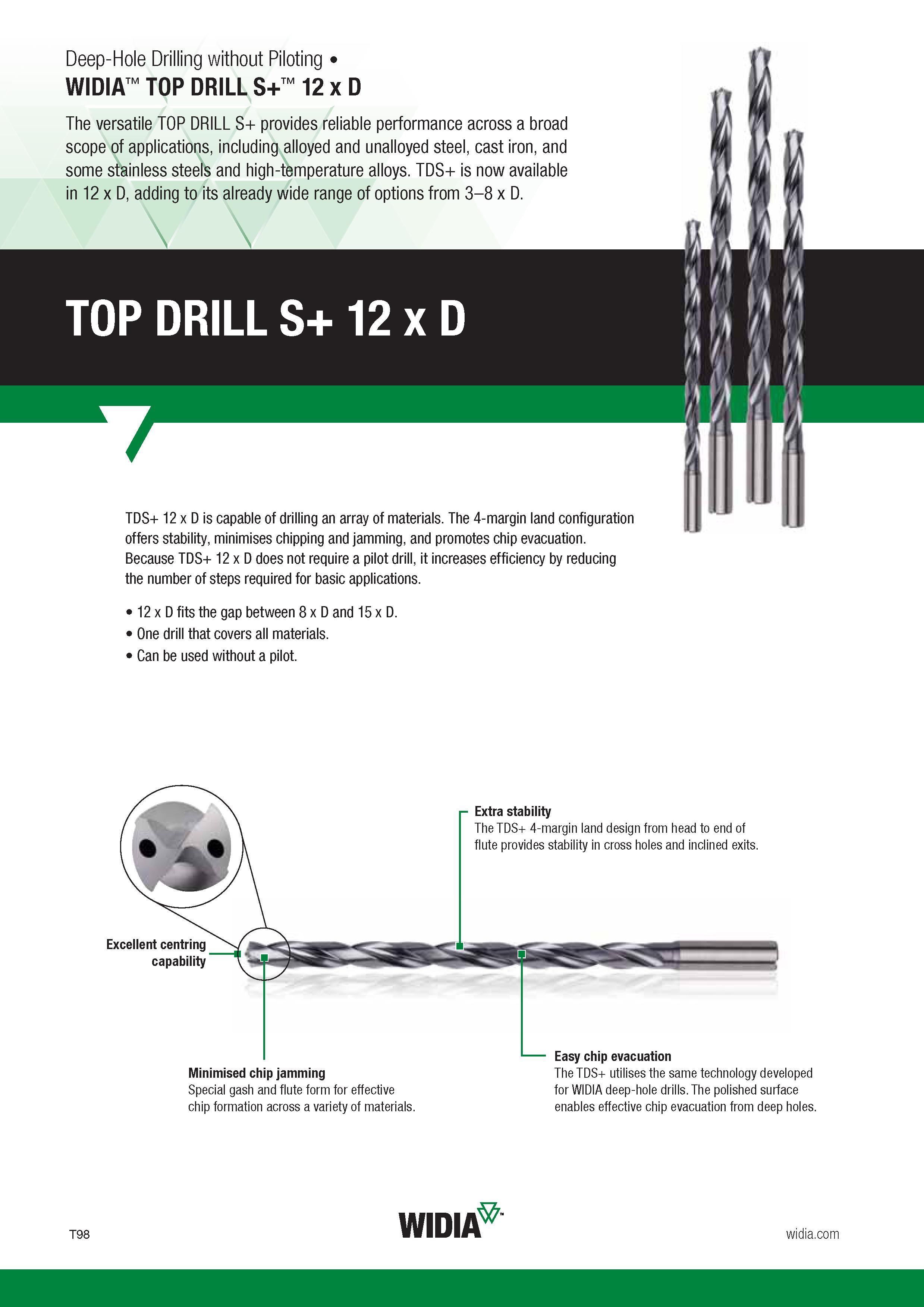 1466 Deep-Hole Drilling without Piloting Widia TOP DRILL S+ 12 x D The versatile TOP DRILL S+ provides reliable performance across a broad scope of appl Каталог WIDIA 2017 Металлорежущий инструмент Стационарный и вращающийся для металлообрабатывающих станков и оборудования Стр. T98 ENG