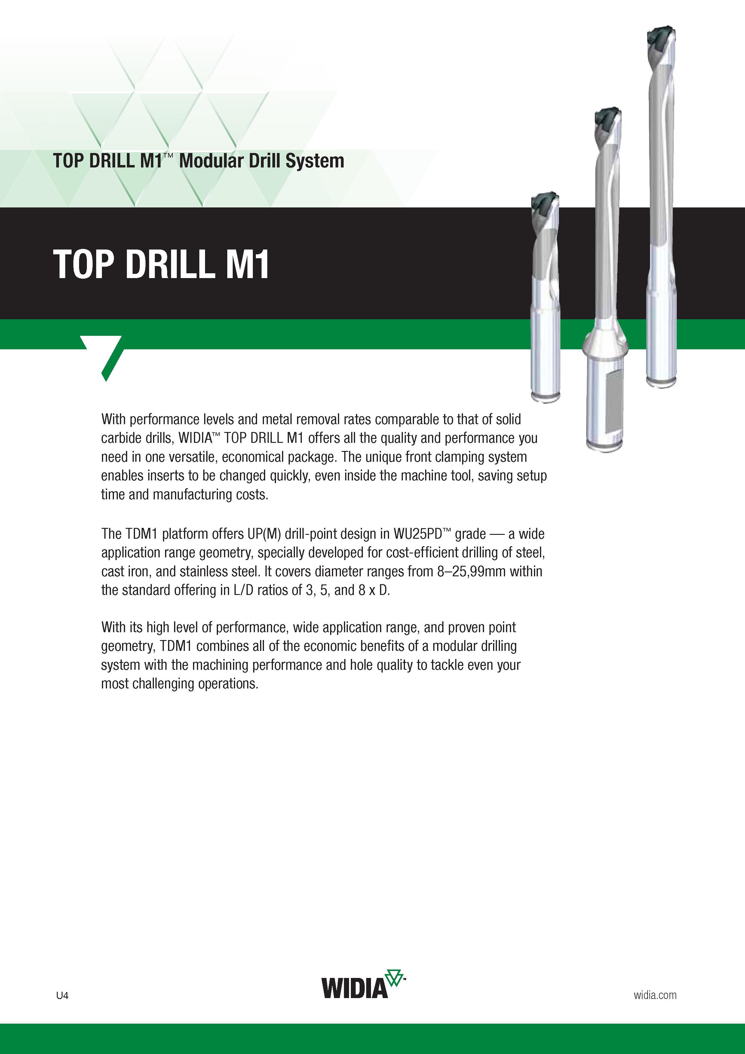 1524 \ TOP DRILL M1 Modular Drill System TOP DRILL M1 7 With performance levels and metal removal rates comparable to that of solid carbide drills, Widi Каталог WIDIA 2017 Металлорежущий инструмент Стационарный и вращающийся для металлообрабатывающих станков и оборудования Стр. U4 ENG