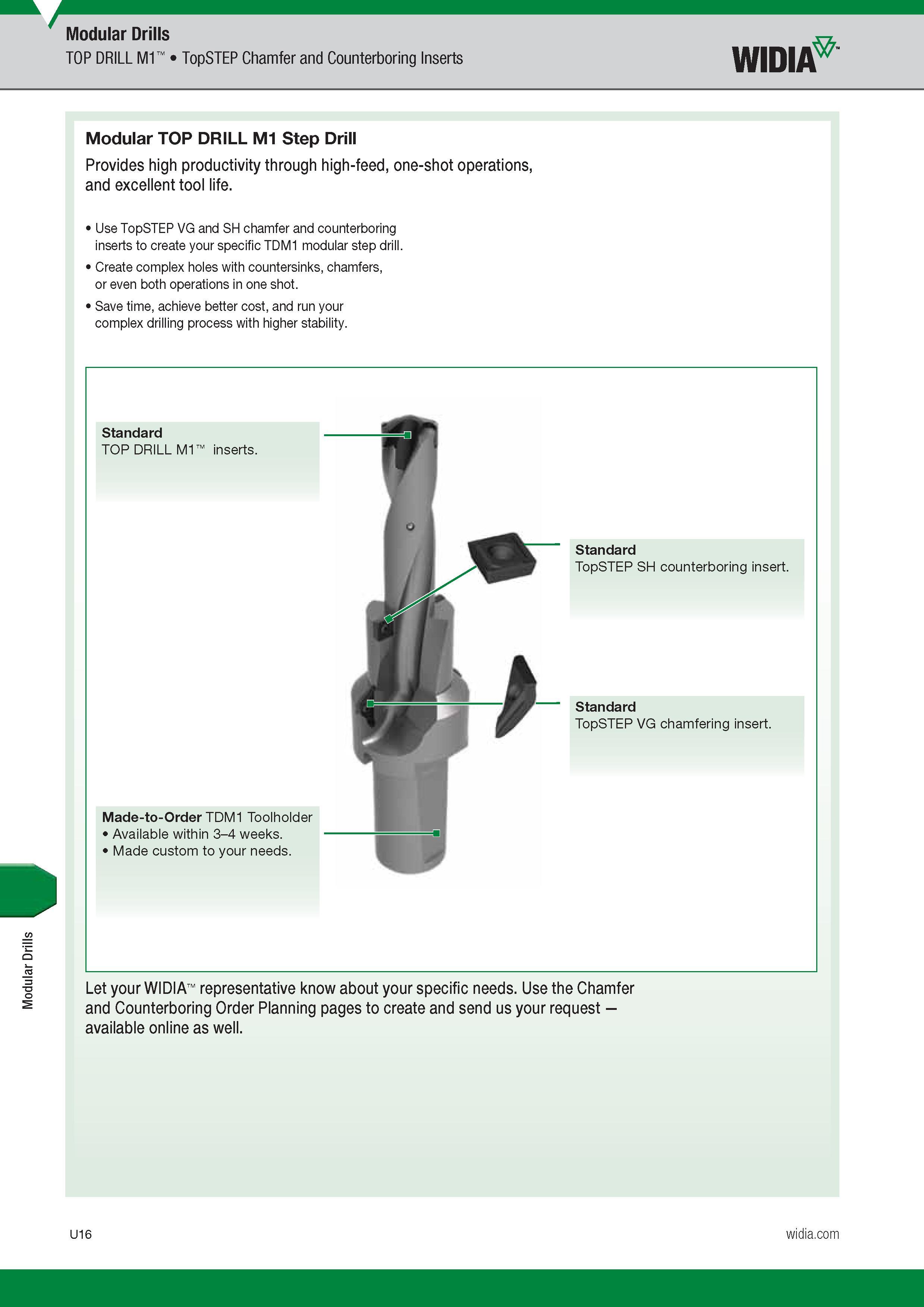 1536 Modular Drills Modular Drills TOP DRILL M1 TopSTEP Chamfer and Counterboring Inserts Widia Modular TOP DRILL M1 Step Drill Provides high productivi Каталог WIDIA 2017 Металлорежущий инструмент Стационарный и вращающийся для металлообрабатывающих станков и оборудования Стр. U16 ENG