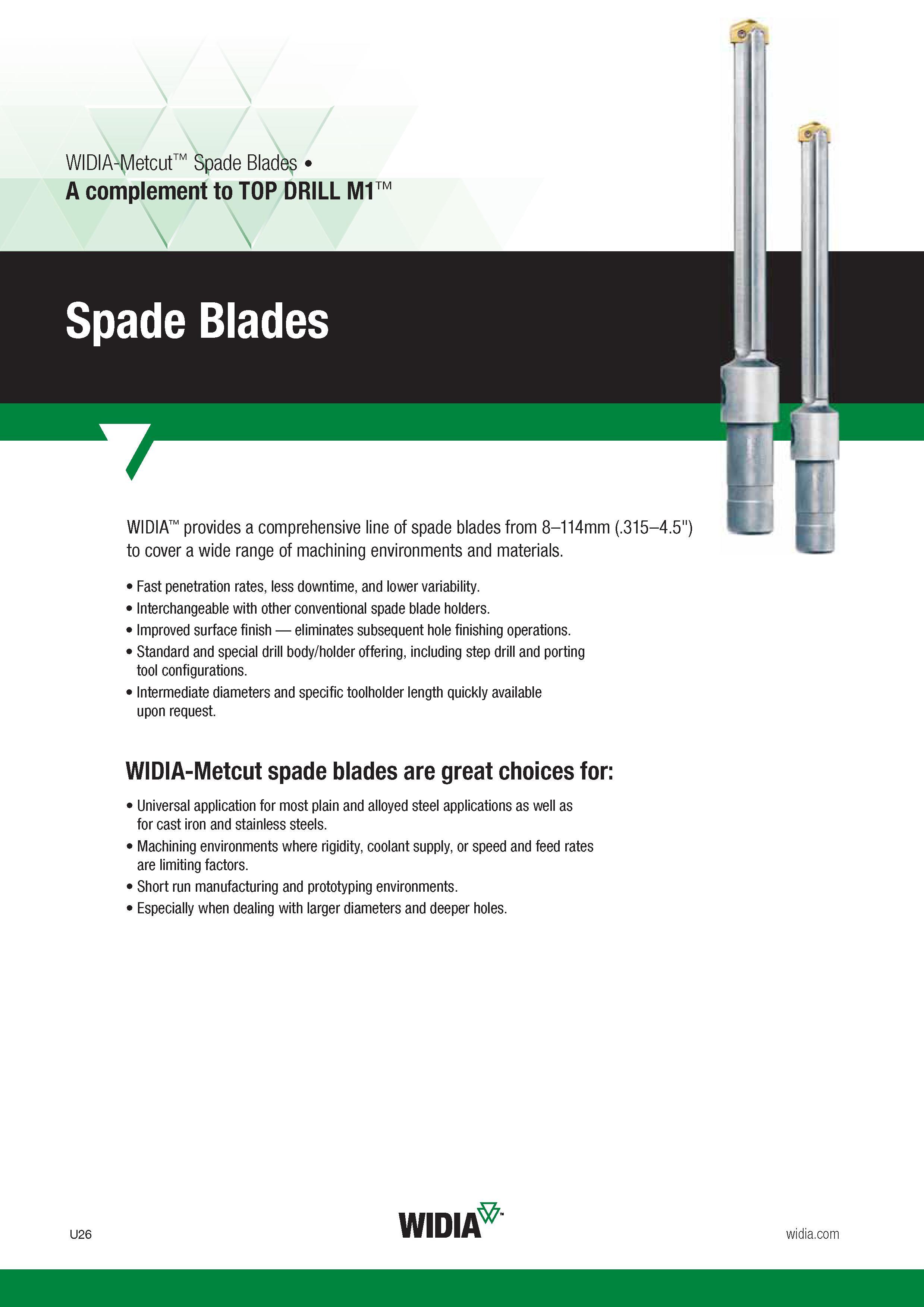 1546 Widia-Metcut Spade Blades A complement to TOP DRILL M1 TM Spade Blades 7 Widia provides a comprehensive line of spade blades from 8-114mm ( 315-4 5 Каталог WIDIA 2017 Металлорежущий инструмент Стационарный и вращающийся для металлообрабатывающих станков и оборудования Стр. U26 ENG