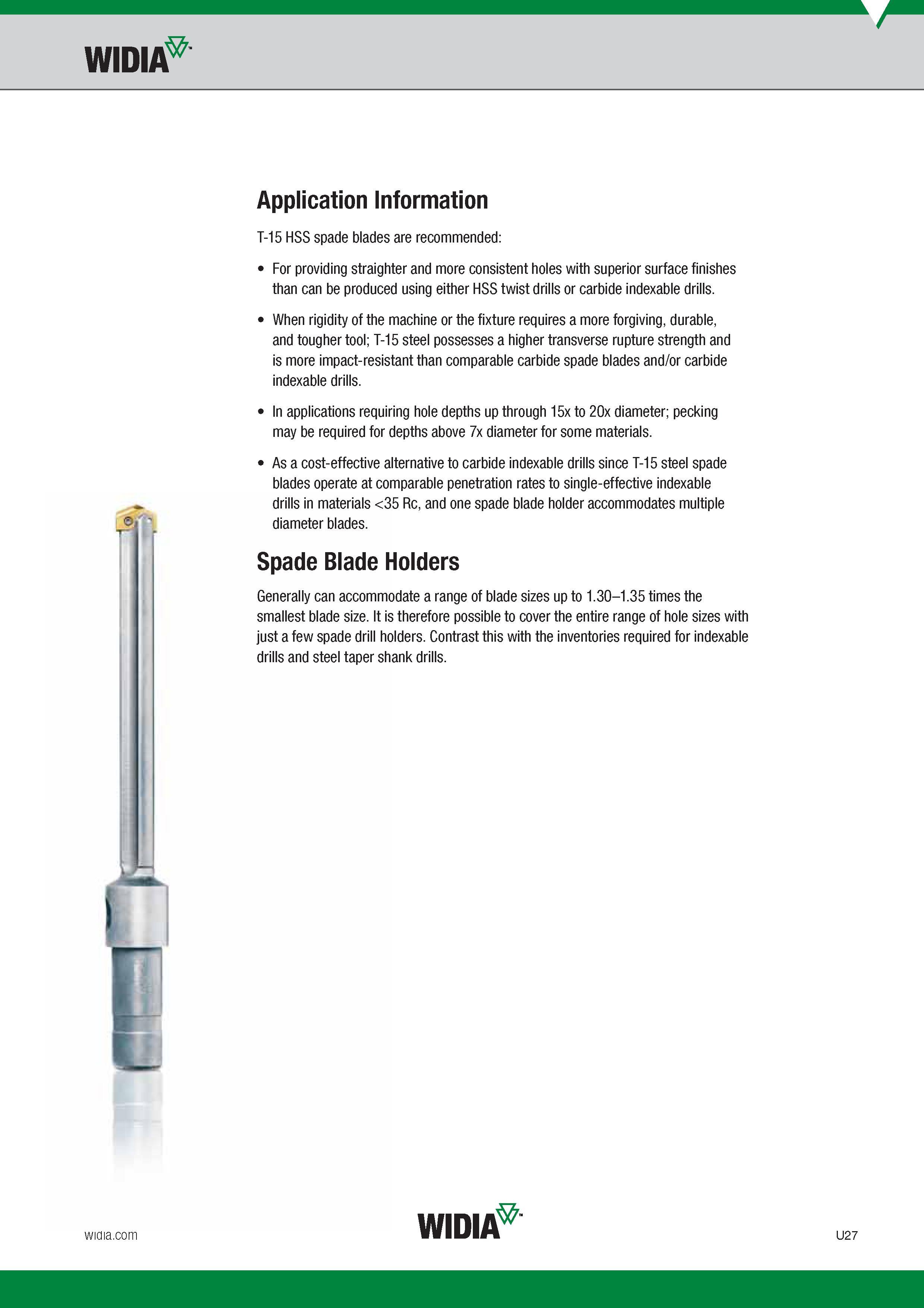 1547 Widia Application Information T-15 HSS spade blades are recommended For providing straighter and more consistent holes with superior surface finish Каталог WIDIA 2017 Металлорежущий инструмент Стационарный и вращающийся для металлообрабатывающих станков и оборудования Стр. U27 ENG
