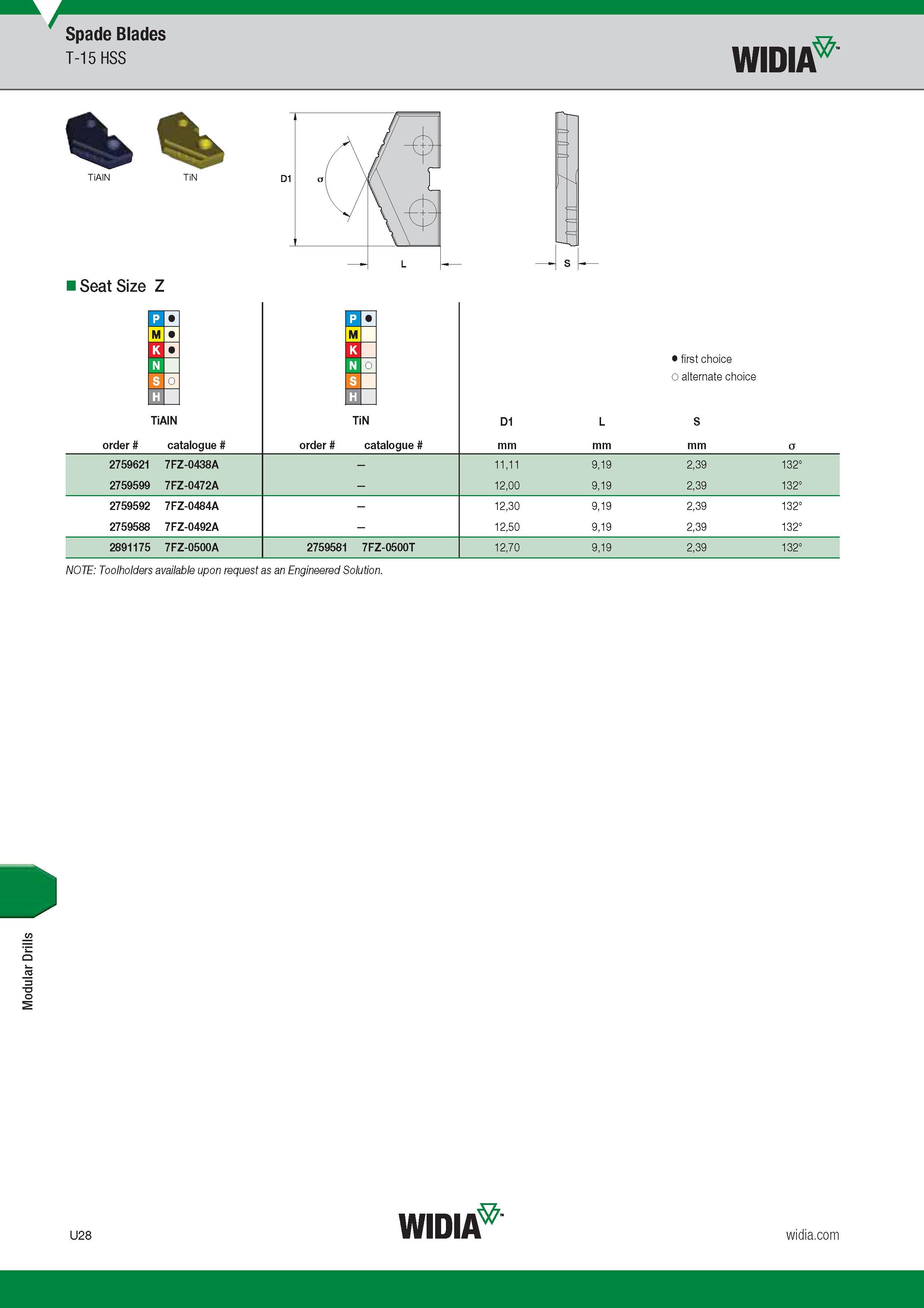 1548 Spade Blades T-15 HSS Widia Seat Size Z TiAlN Номер по каталогу Обозначение инструмента по производителю Order Catalogue w TiN Номер по каталогу Об Каталог WIDIA 2017 Металлорежущий инструмент Стационарный и вращающийся для металлообрабатывающих станков и оборудования Стр. U28 ENG