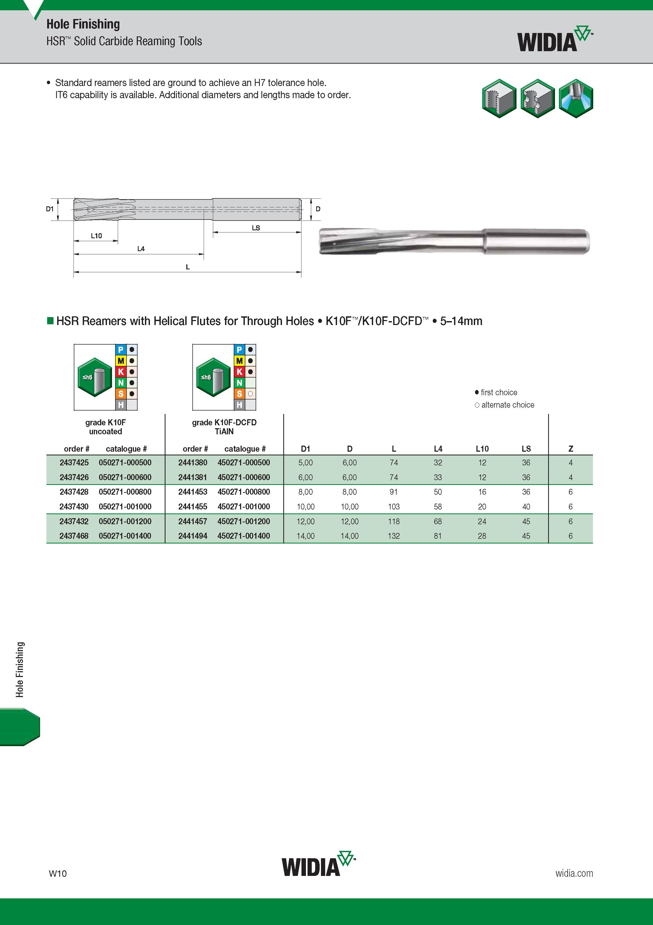 1622 Hole Finishing Hole Finishing HSR Solid Carbide Reaming Tools Widia Standard reamers listed are ground to achieve an H7 tolerance hole IT6 capabili Каталог WIDIA 2017 Металлорежущий инструмент Стационарный и вращающийся для металлообрабатывающих станков и оборудования Стр. W10 ENG