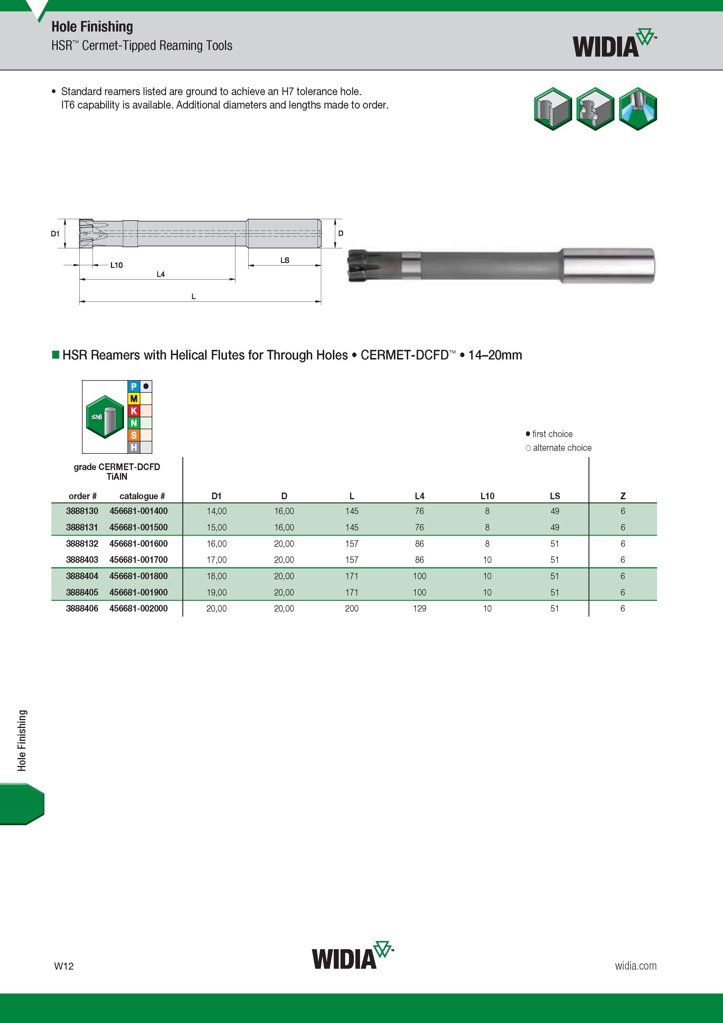 1624 Hole Finishing Hole Finishing HSR Cermet-Tipped Reaming Tools Widia Standard reamers listed are ground to achieve an H7 tolerance hole IT6 capabili Каталог WIDIA 2017 Металлорежущий инструмент Стационарный и вращающийся для металлообрабатывающих станков и оборудования Стр. W12 ENG