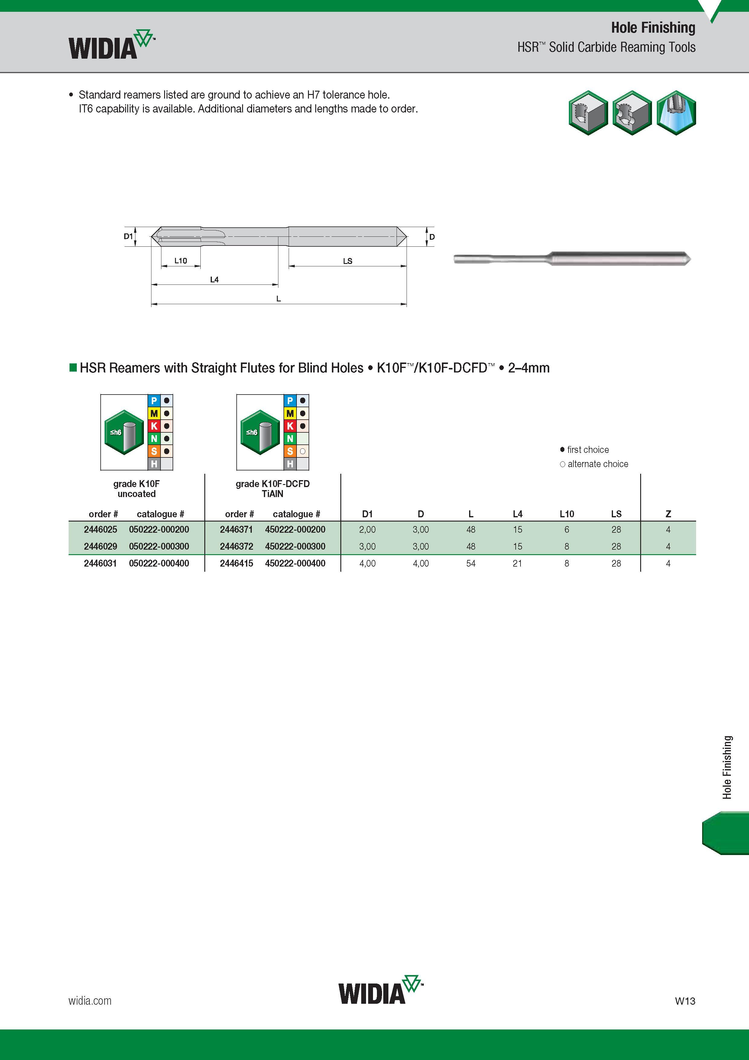 1625 Hole Finishing Widia HSR Solid Carbide Reaming Tools Standard reamers listed are ground to achieve an H7 tolerance hole IT6 capability is available Каталог WIDIA 2017 Металлорежущий инструмент Стационарный и вращающийся для металлообрабатывающих станков и оборудования Стр. W13 ENG