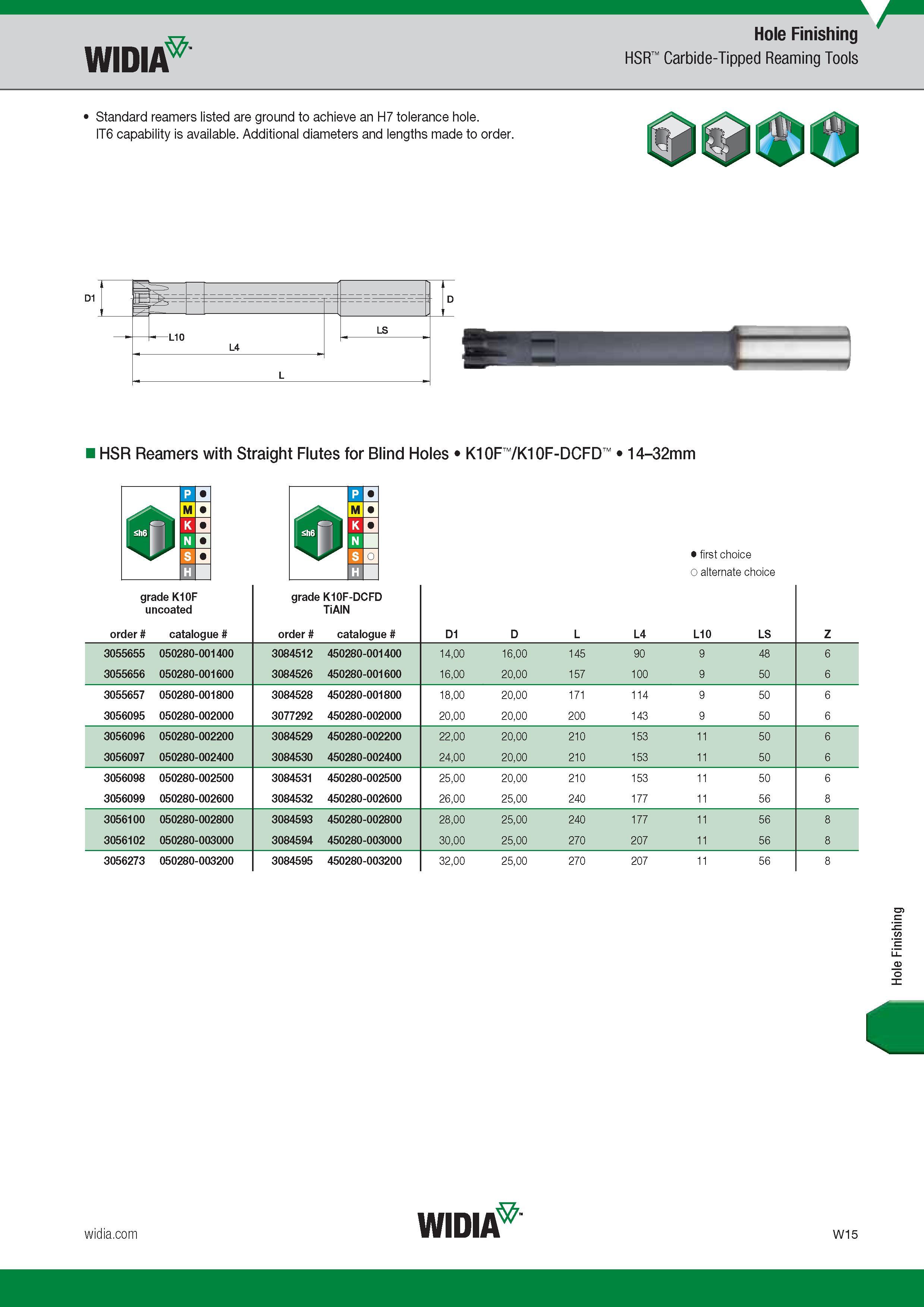 1627 Widia Hole Finishing HSR Carbide-Tipped Reaming Tools Standard reamers listed are ground to achieve an H7 tolerance hole IT6 capability is availabl Каталог WIDIA 2017 Металлорежущий инструмент Стационарный и вращающийся для металлообрабатывающих станков и оборудования Стр. W15 ENG