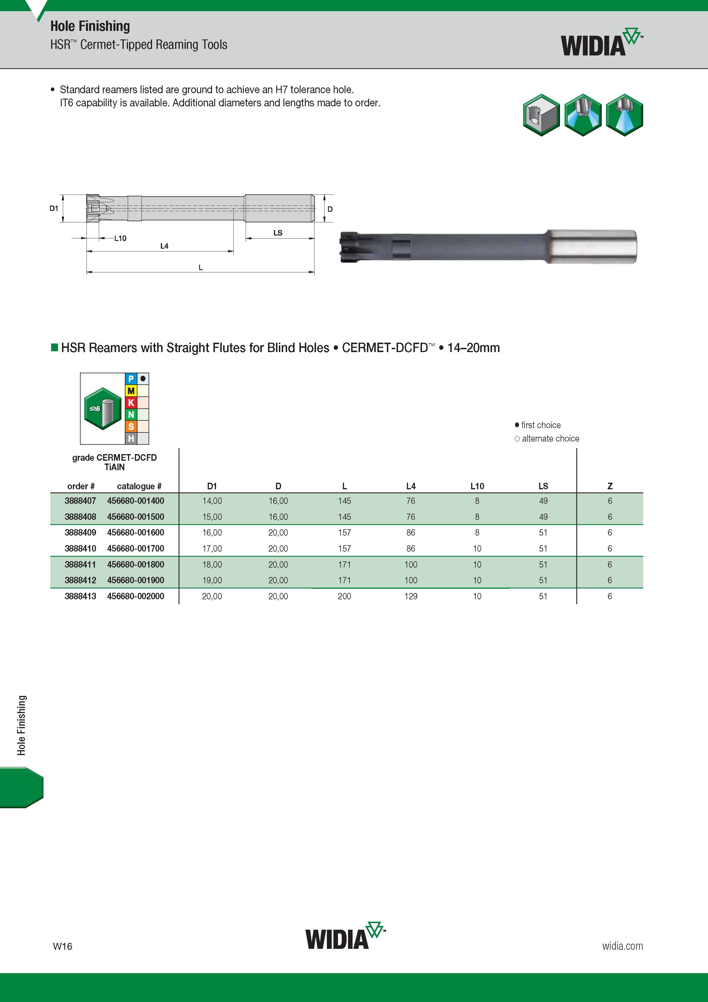 1628 Hole Finishing Hole Finishing HSR Cermet-Tipped Reaming Tools Widia Standard reamers listed are ground to achieve an H7 tolerance hole IT6 capabili Каталог WIDIA 2017 Металлорежущий инструмент Стационарный и вращающийся для металлообрабатывающих станков и оборудования Стр. W16 ENG