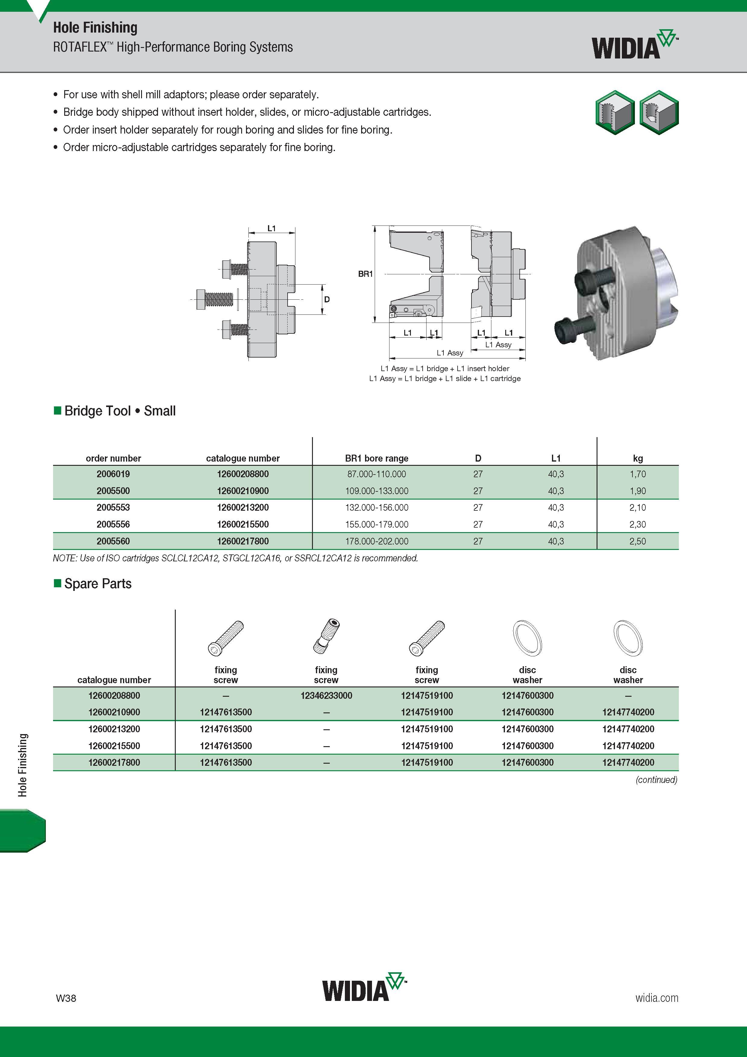 1650 Hole Finishing Hole Finishing ROTAFLEX High-Performance Boring Systems Widia For use with shell mill adaptors; please order separately Bridge body Каталог WIDIA 2017 Металлорежущий инструмент Стационарный и вращающийся для металлообрабатывающих станков и оборудования Стр. W38 ENG