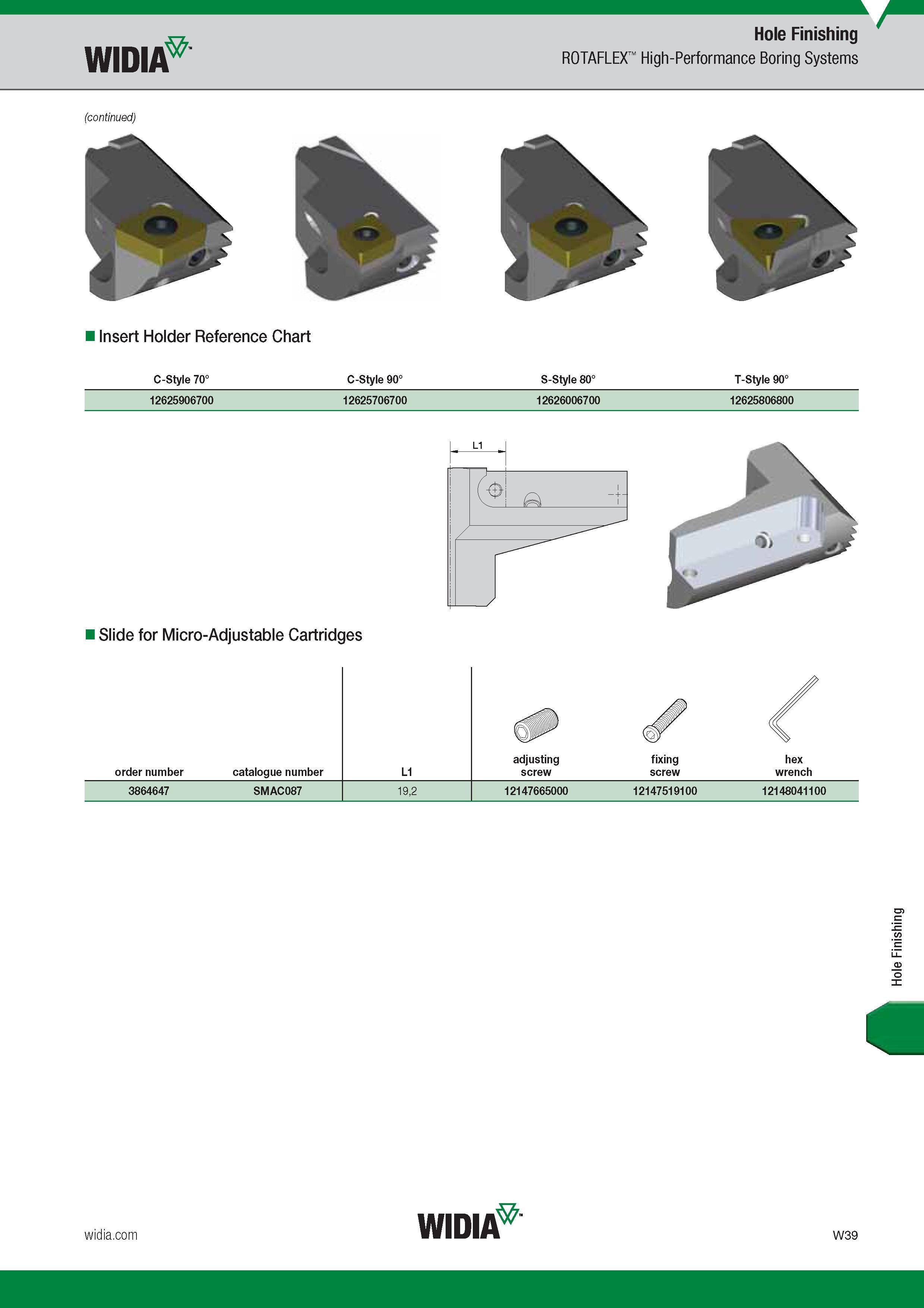 1651 Widia ROTAFLEX Hole Finishing High-Performance Boring Systems Insert Holder Reference Chart C-Style 70° C-Style 90° S-Style 80° T-Style 90° 1262590 Каталог WIDIA 2017 Металлорежущий инструмент Стационарный и вращающийся для металлообрабатывающих станков и оборудования Стр. W39 ENG