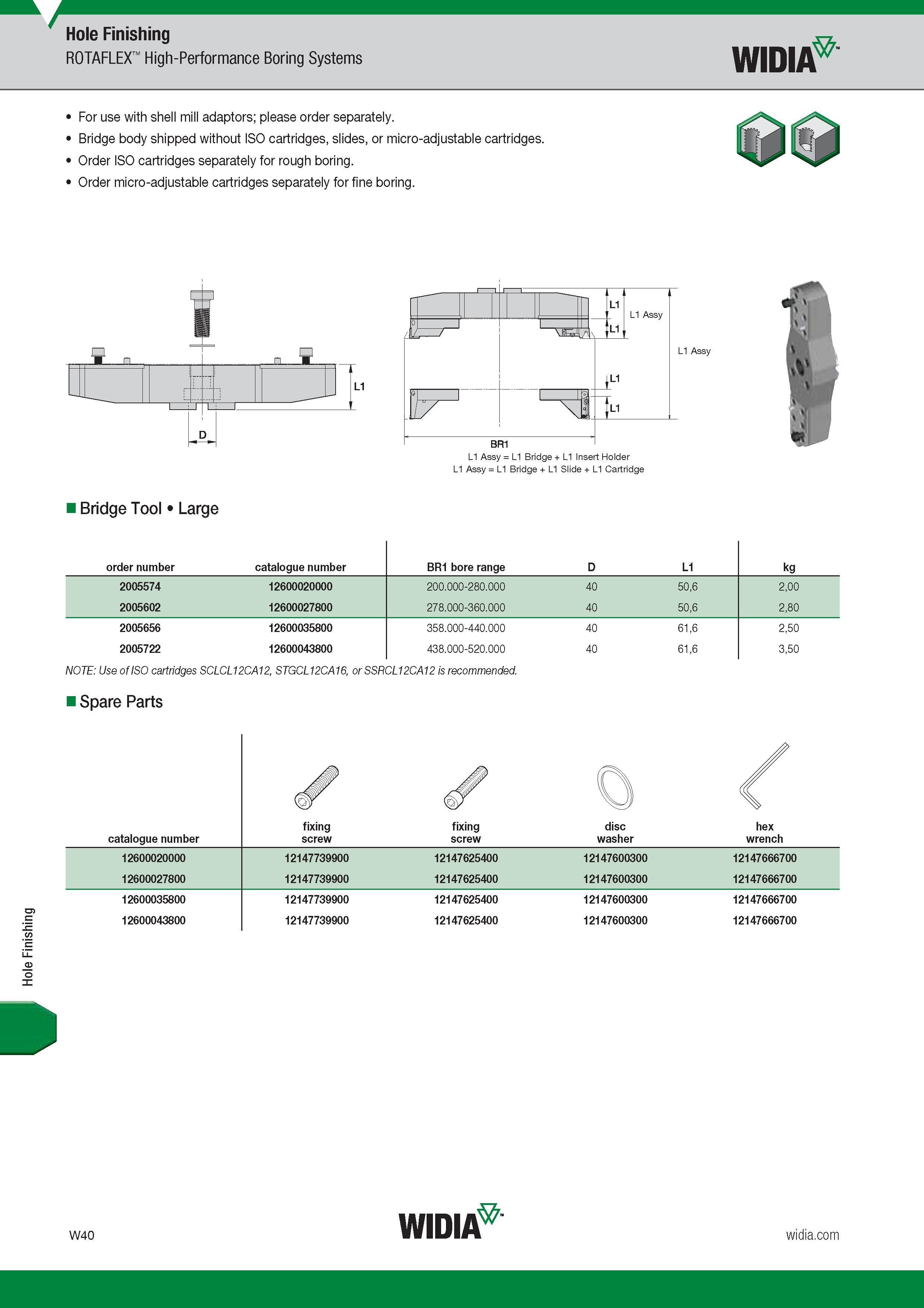 1652 Hole Finishing A Hole Finishing ROTAFLEX High-Performance Boring Systems Widia For use with shell mill adaptors; please order separately Bridge bod Каталог WIDIA 2017 Металлорежущий инструмент Стационарный и вращающийся для металлообрабатывающих станков и оборудования Стр. W40 ENG