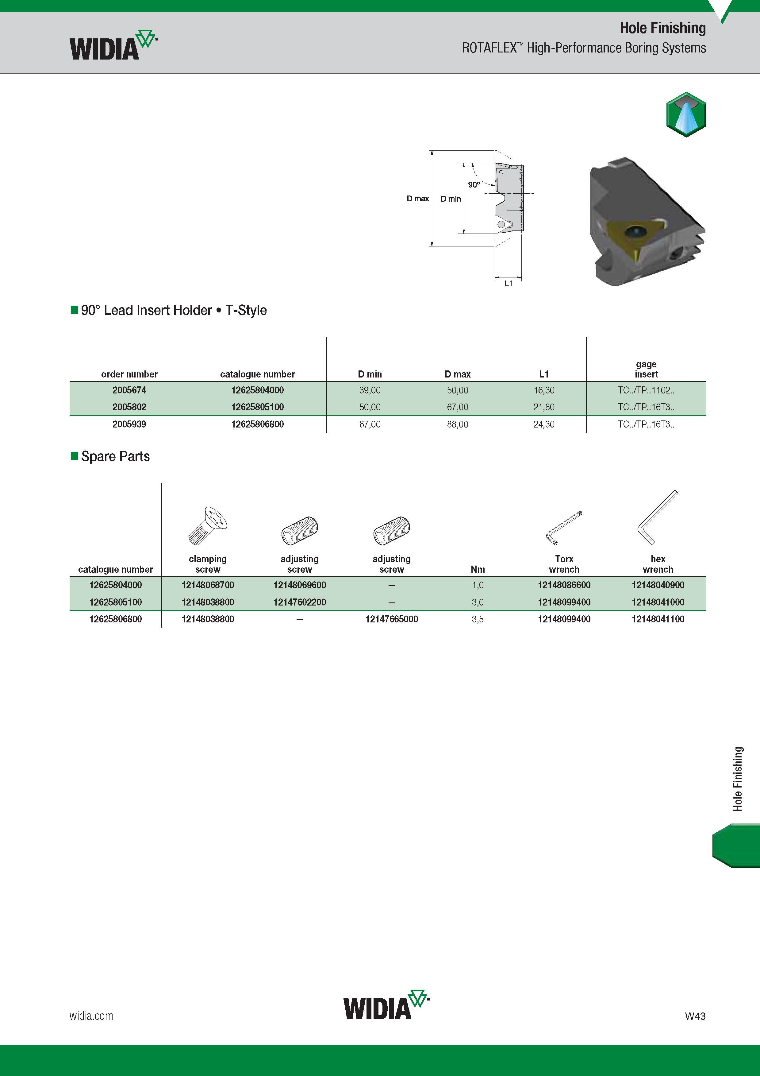 1655 Widia Hole Finishing ROTAFLEX High-Performance Boring Systems 90° Lead Insert Holder T-Style Номер для заказа продукции Order number Catalogue numb Каталог WIDIA 2017 Металлорежущий инструмент Стационарный и вращающийся для металлообрабатывающих станков и оборудования Стр. W43 ENG