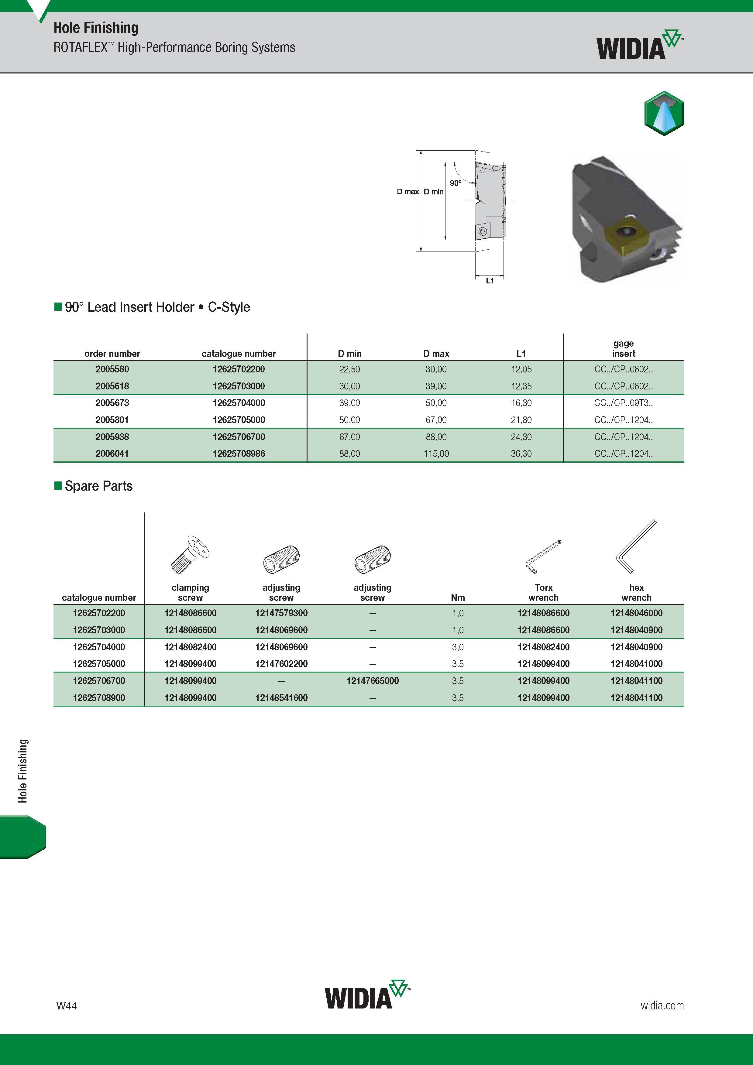 1656 Hole Finishing Hole Finishing ROTAFLEX High-Performance Boring Systems Widia 90° Lead Insert Holder C-Style Номер для заказа продукции Order number Каталог WIDIA 2017 Металлорежущий инструмент Стационарный и вращающийся для металлообрабатывающих станков и оборудования Стр. W44 ENG