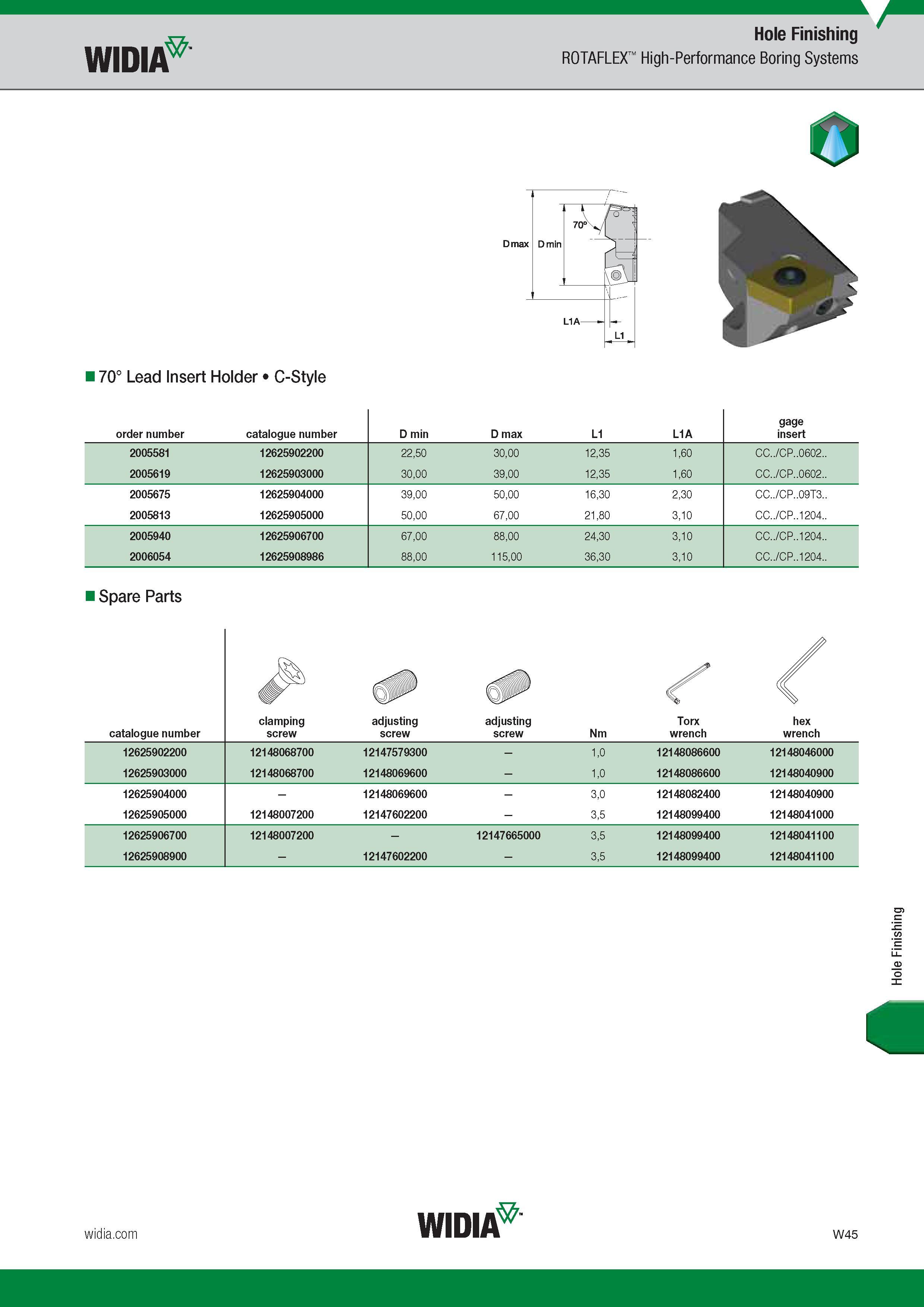 1657 Widia Hole Finishing ROTAFLEX High-Performance Boring Systems 70° Lead Insert Holder C-Style Номер для заказа продукции Order number Catalogue numb Каталог WIDIA 2017 Металлорежущий инструмент Стационарный и вращающийся для металлообрабатывающих станков и оборудования Стр. W45 ENG