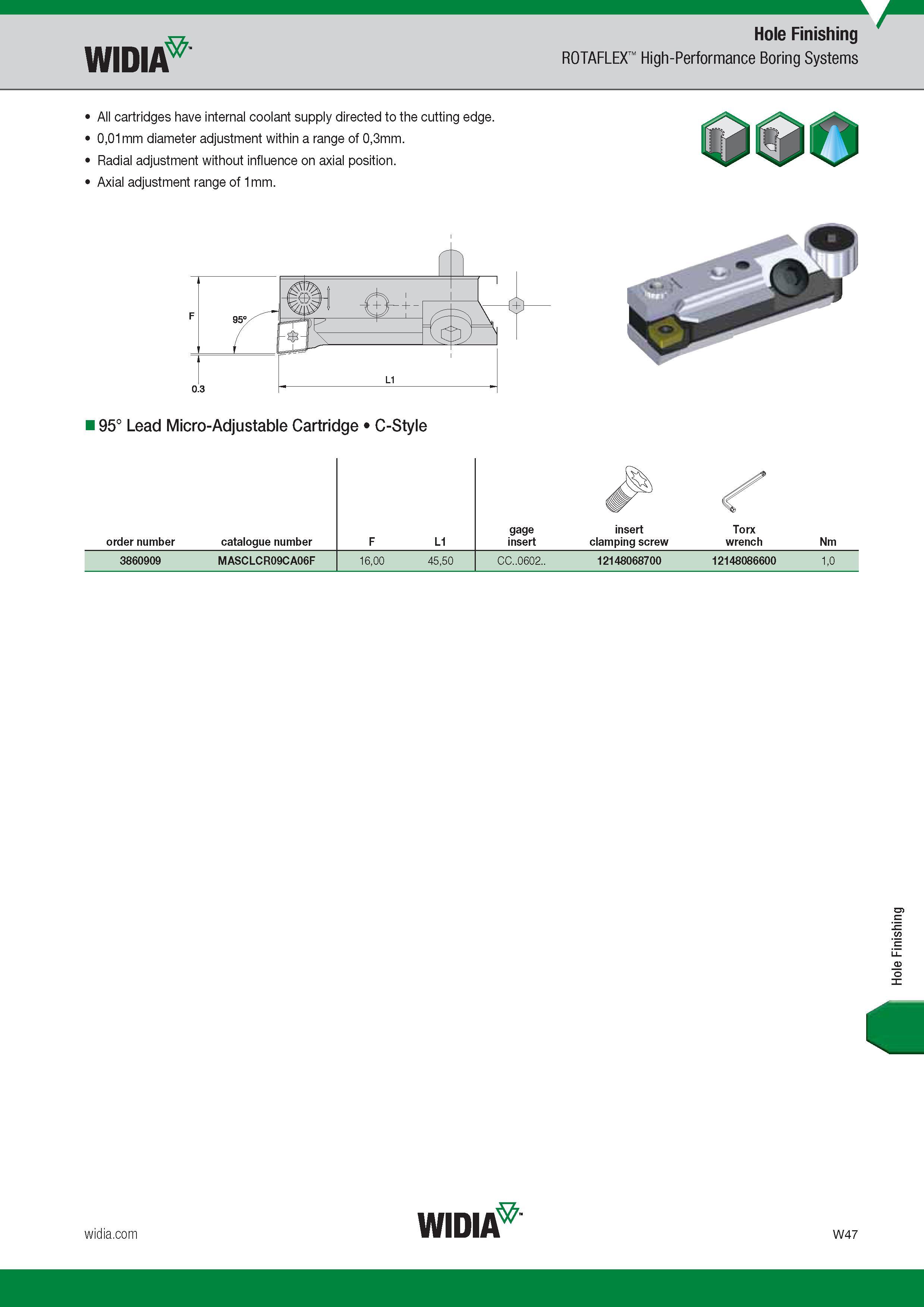 1659 Widia Hole Finishing ROTAFLEX High-Performance Boring Systems All cartridges have internal coolant supply directed to the cutting edge 0,01mm diame Каталог WIDIA 2017 Металлорежущий инструмент Стационарный и вращающийся для металлообрабатывающих станков и оборудования Стр. W47 ENG