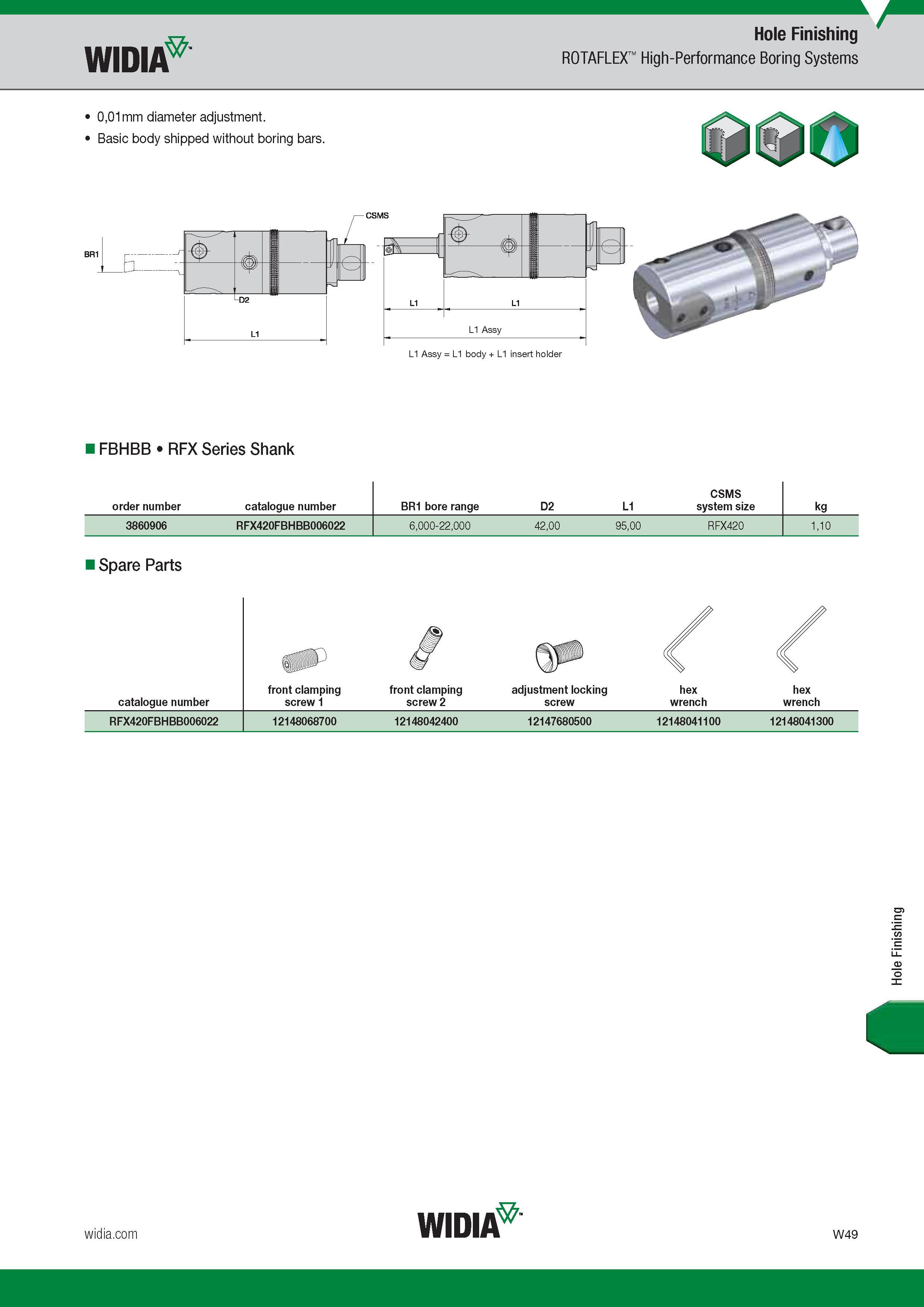 1661 Hole Finishing ROTAFLEX High-Performance Boring Systems Widia 0,01mm diameter adjustment Basic body shipped without boring bars FBHBB RFX Series Sh Каталог WIDIA 2017 Металлорежущий инструмент Стационарный и вращающийся для металлообрабатывающих станков и оборудования Стр. W49 ENG