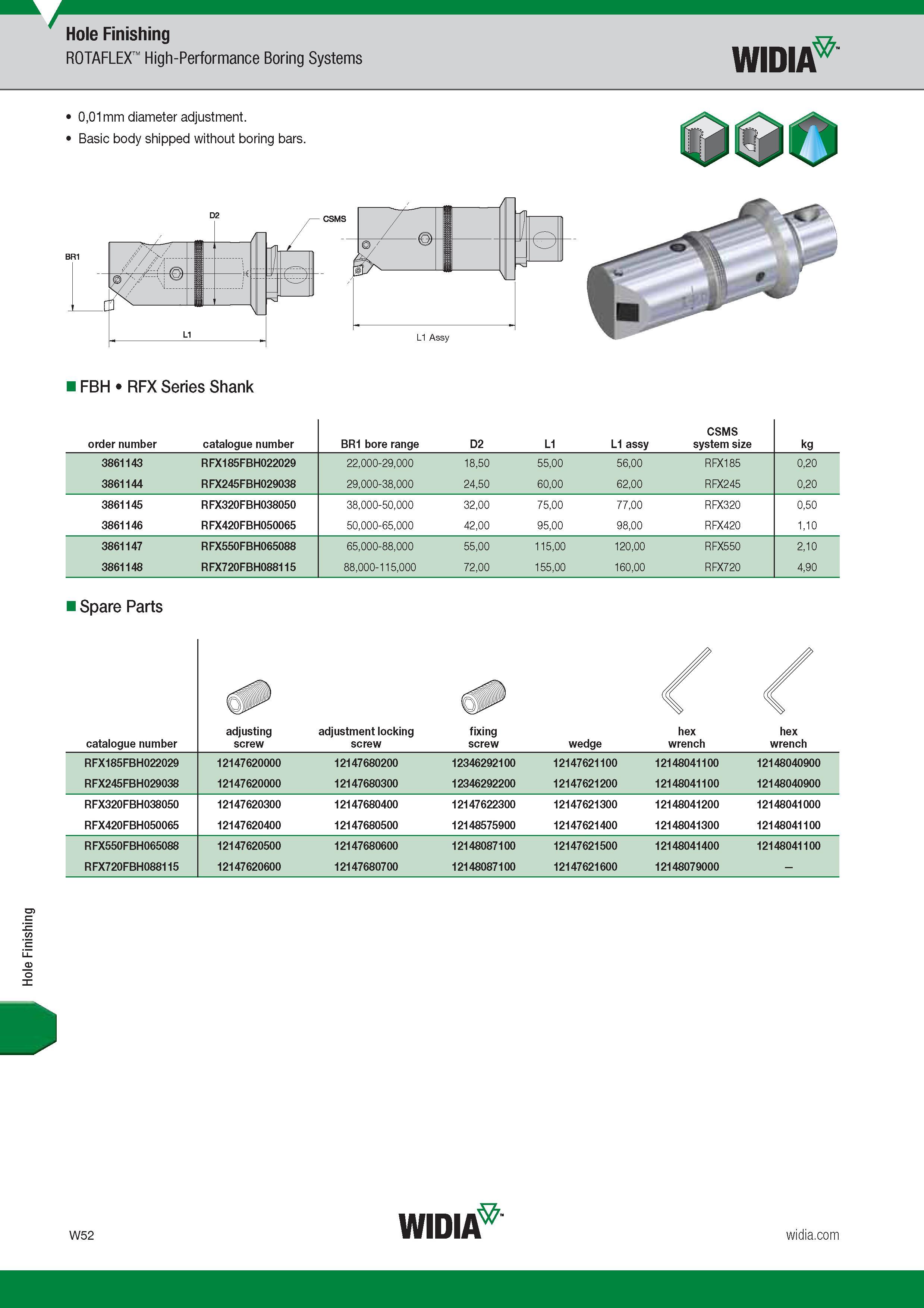 1664 Hole Finishing Hole Finishing ROTAFLEX High-Performance Boring Systems Widia 0,01mm diameter adjustment Basic body shipped without boring bars FBH Каталог WIDIA 2017 Металлорежущий инструмент Стационарный и вращающийся для металлообрабатывающих станков и оборудования Стр. W52 ENG