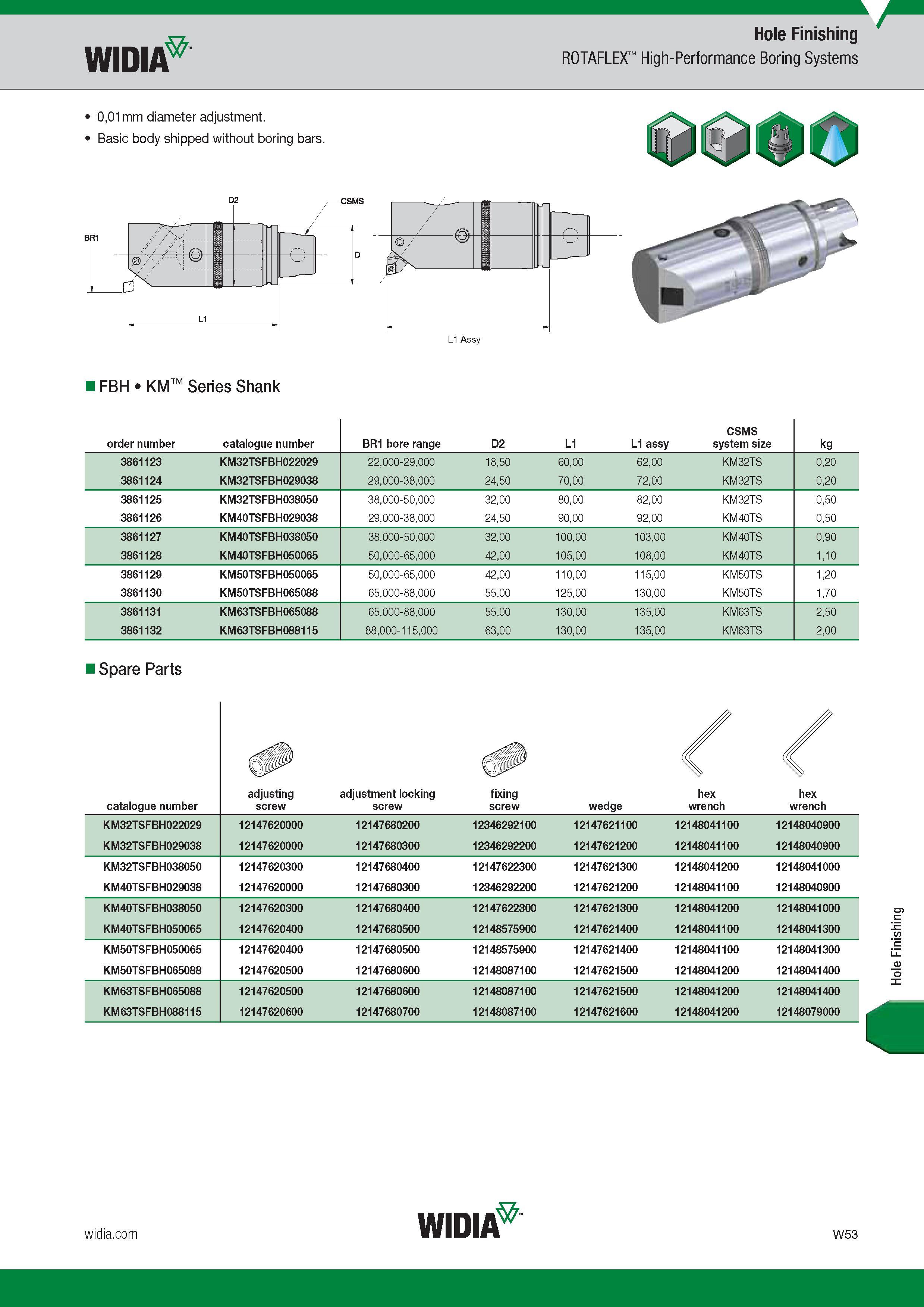 1665 Widia Hole Finishing ROTAFLEX High-Performance Boring Systems 0,01mm diameter adjustment Basic body shipped without boring bars FBH KM Series Shank Каталог WIDIA 2017 Металлорежущий инструмент Стационарный и вращающийся для металлообрабатывающих станков и оборудования Стр. W53 ENG