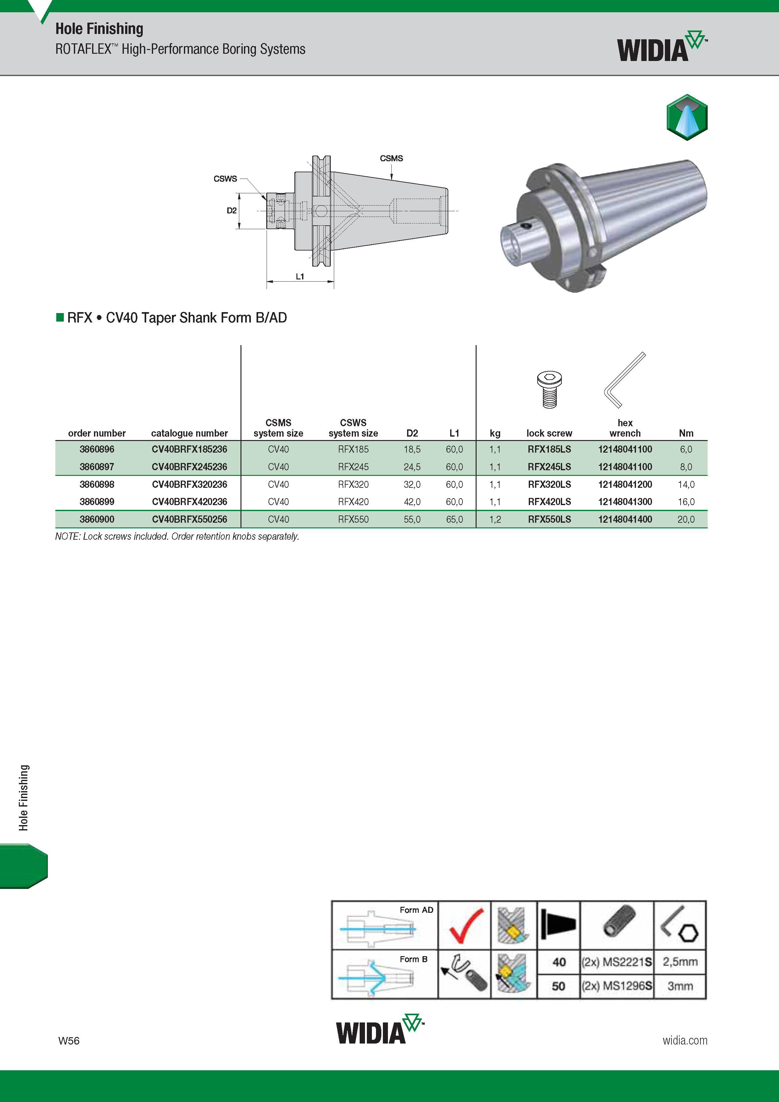 1668 Hole Finishing Hole Finishing ROTAFLEX High-Performance Boring Systems Widia O RFX CV40 Taper Shank Form B/AD W56 Widia Каталог WIDIA 2017 Металлорежущий инструмент Стационарный и вращающийся для металлообрабатывающих станков и оборудования Стр. W56 ENG