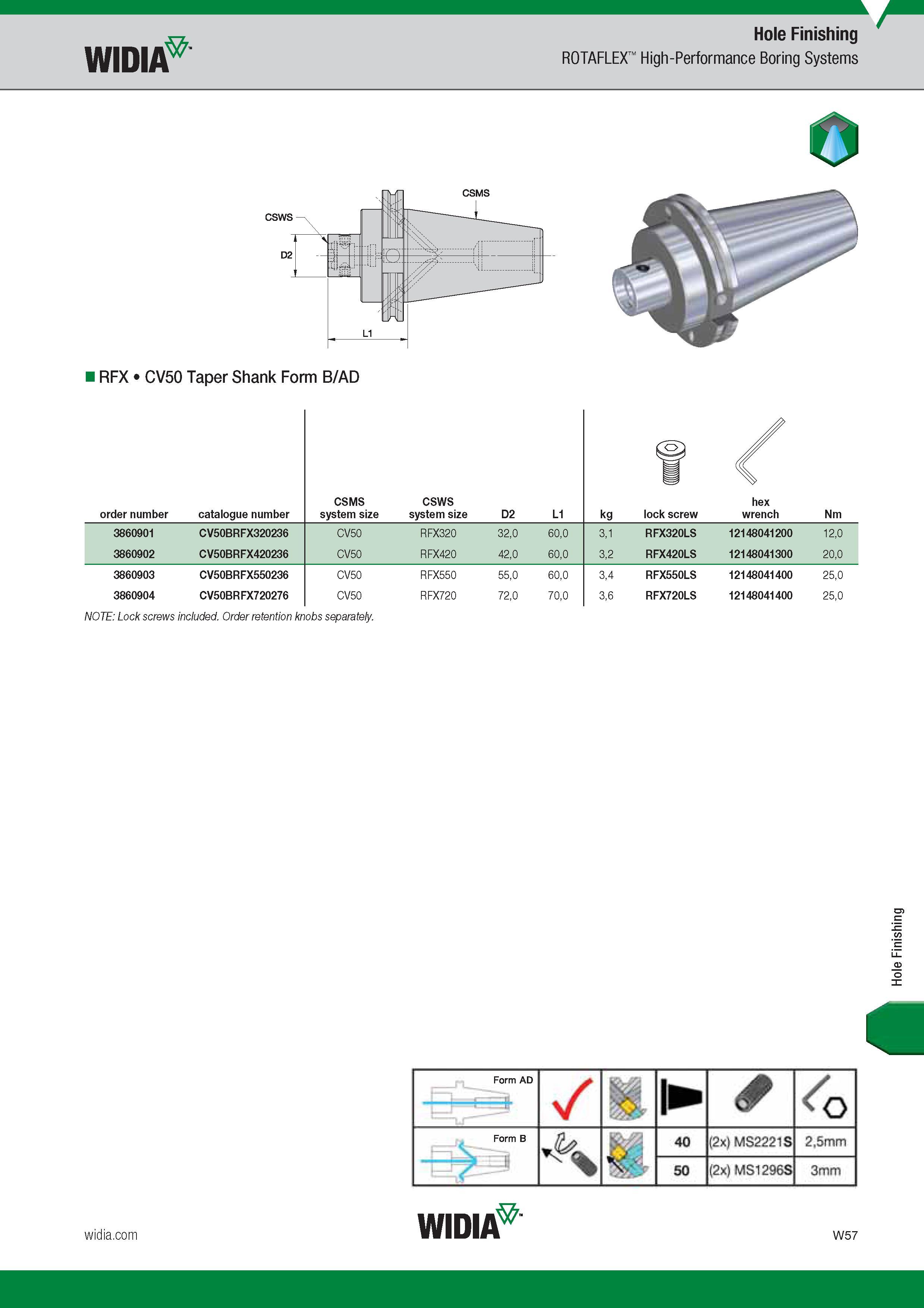 1669 Hole Finishing Widia ROTAFLEX High-Performance Boring Systems RFX CV50 Taper Shank Form B/AD Номер для заказа продукции Order number Catalogue numb Каталог WIDIA 2017 Металлорежущий инструмент Стационарный и вращающийся для металлообрабатывающих станков и оборудования Стр. W57 ENG