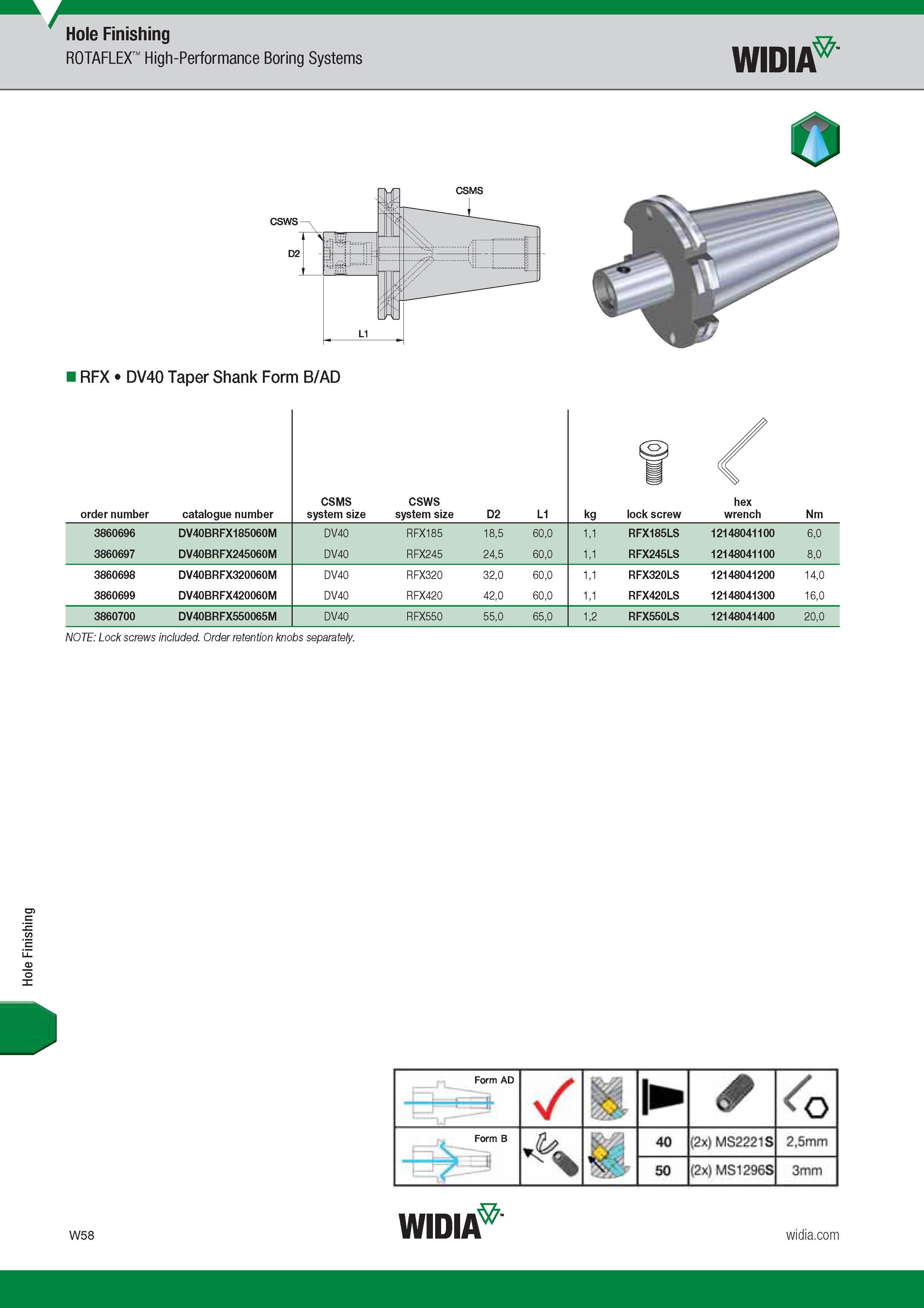 1670 Hole Finishing Hole Finishing ROTAFLEX High-Performance Boring Systems Widia O RFX DV40 Taper Shank Form B/AD W58 Widia Каталог WIDIA 2017 Металлорежущий инструмент Стационарный и вращающийся для металлообрабатывающих станков и оборудования Стр. W58 ENG