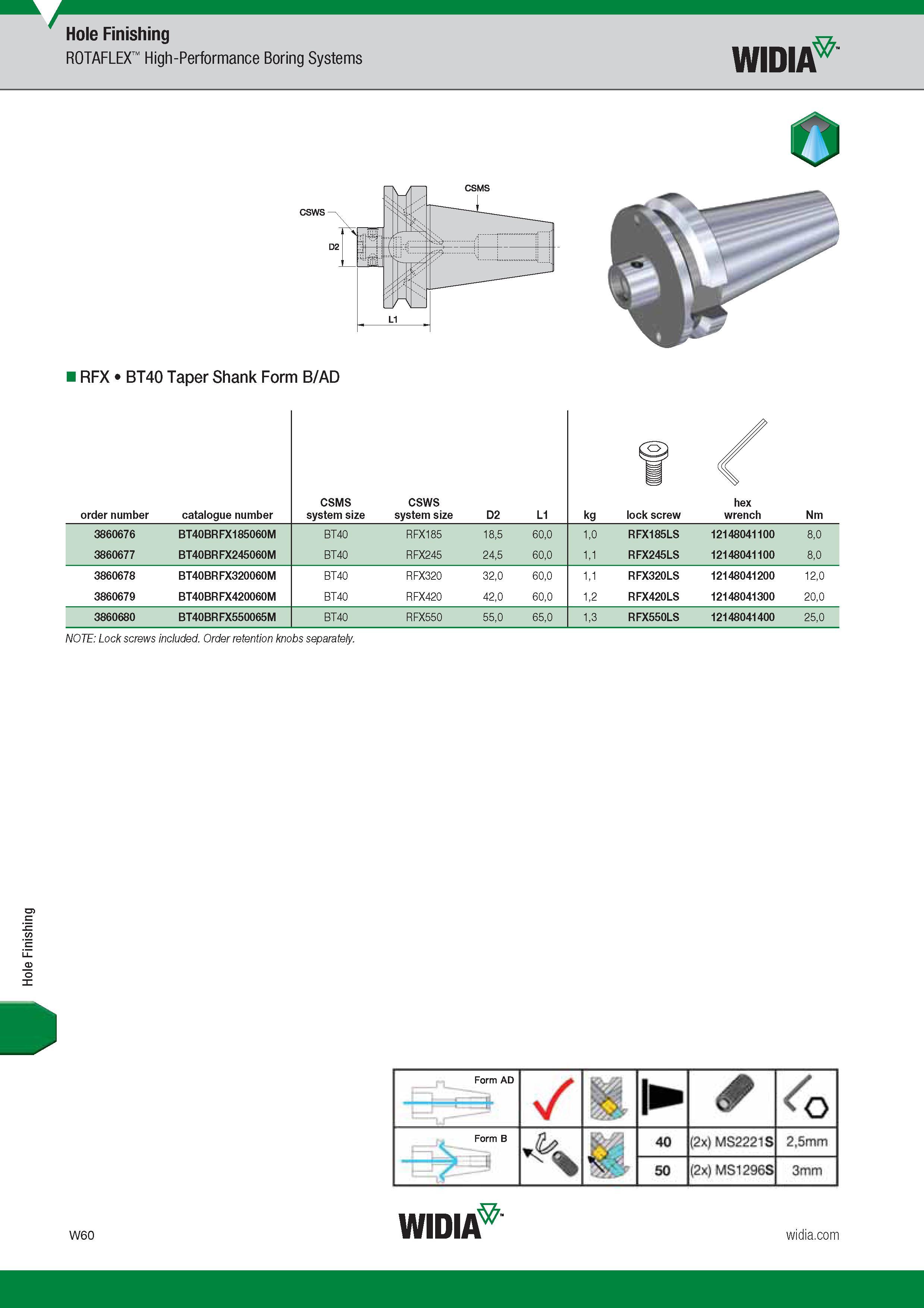 1672 Hole Finishing Hole Finishing ROTAFLEX High-Performance Boring Systems Widia O RFX BT40 Taper Shank Form B/AD W60 Widia Каталог WIDIA 2017 Металлорежущий инструмент Стационарный и вращающийся для металлообрабатывающих станков и оборудования Стр. W60 ENG