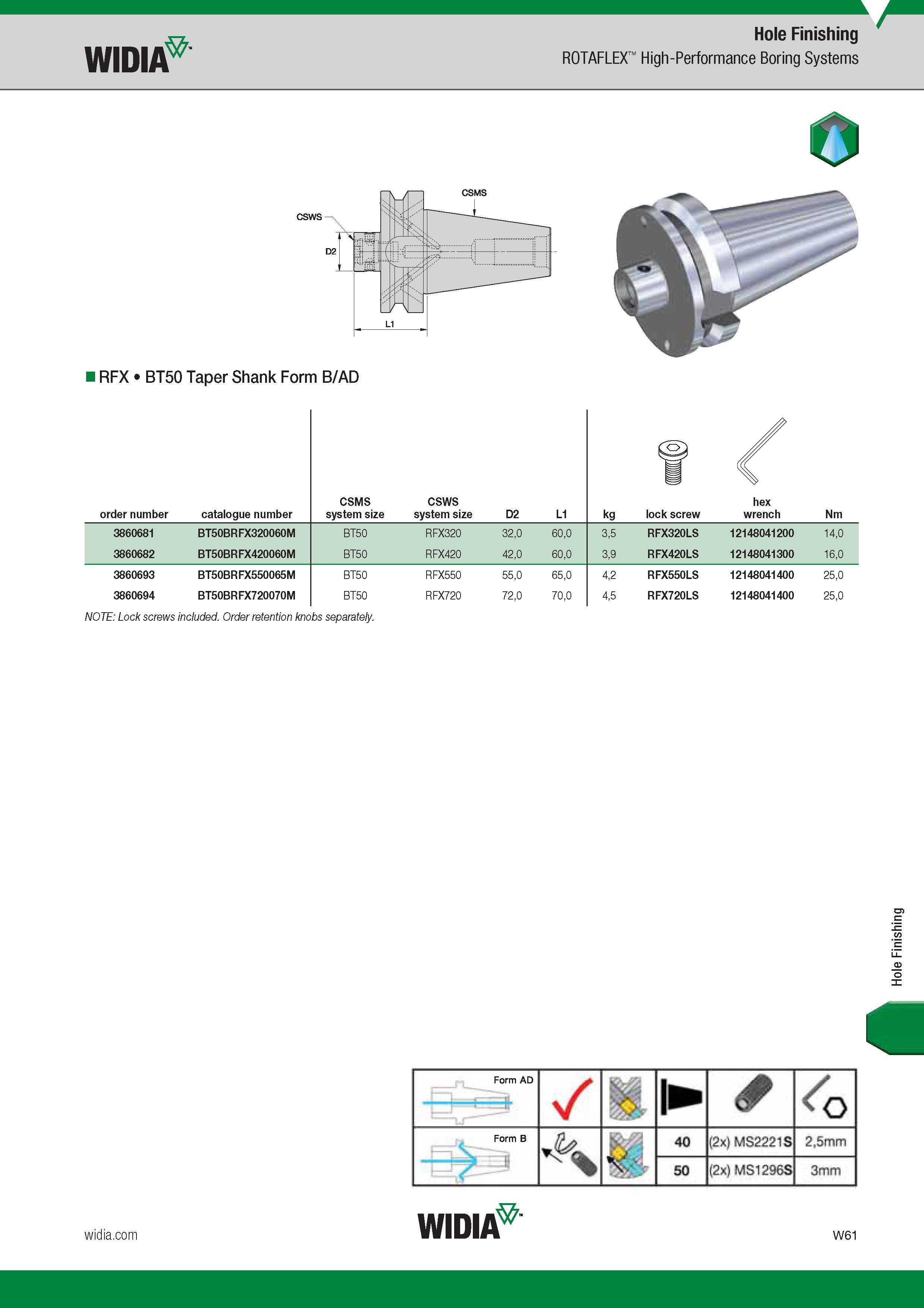 1673 Widia Hole Finishing ROTAFLEX High-Performance Boring Systems O RFX BT50 Taper Shank Form B/AD Номер для заказа продукции Order number Catalogue nu Каталог WIDIA 2017 Металлорежущий инструмент Стационарный и вращающийся для металлообрабатывающих станков и оборудования Стр. W61 ENG