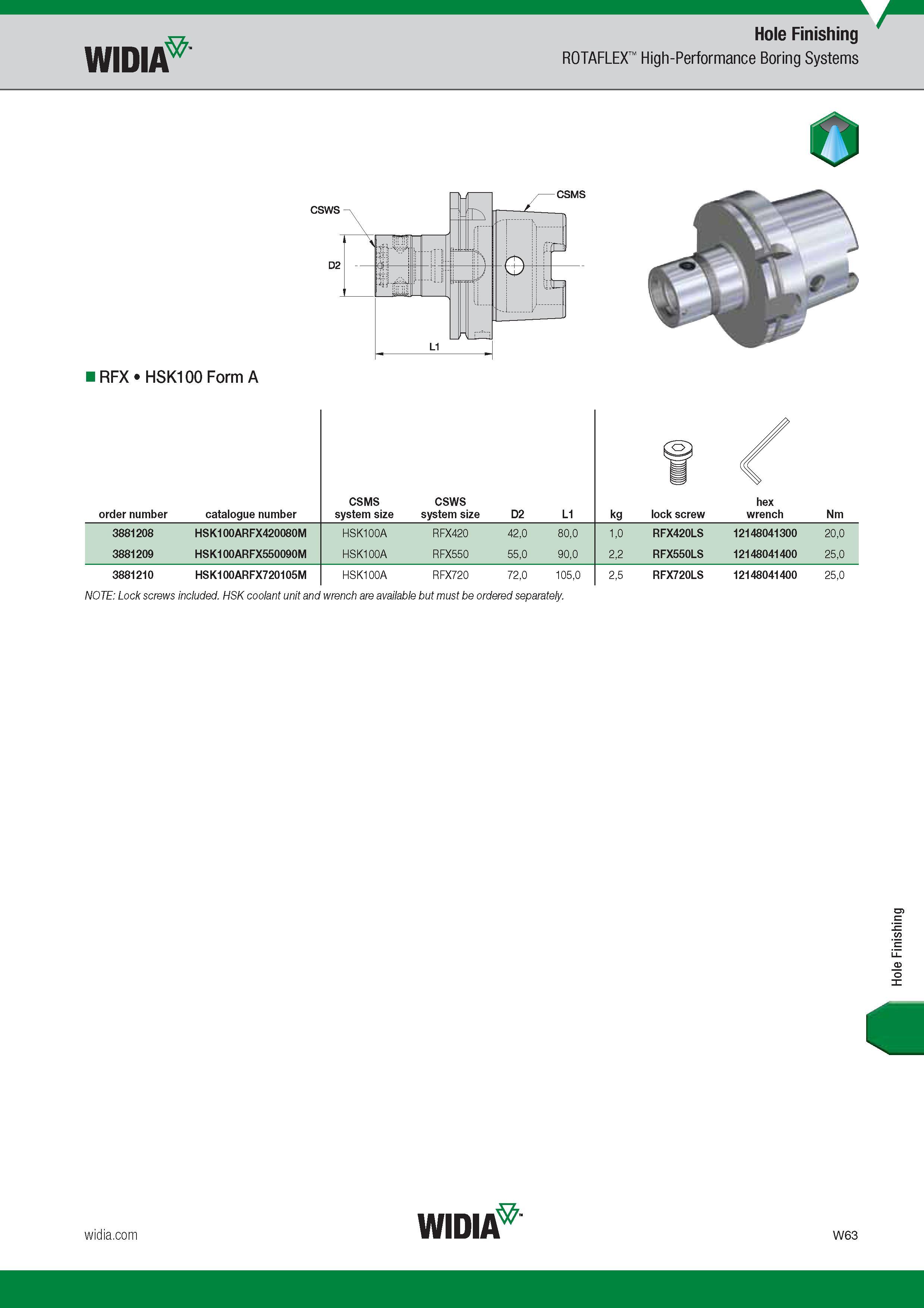 1675 Инструментальная оснастка Widia RFX HSK100 Form A для расточного инструмента Widia Hole Finishing ROTAFLEX High-Performance Boring Systems csws RFX Каталог WIDIA 2017 Металлорежущий инструмент Стационарный и вращающийся для металлообрабатывающих станков и оборудования Стр. W63 ENG