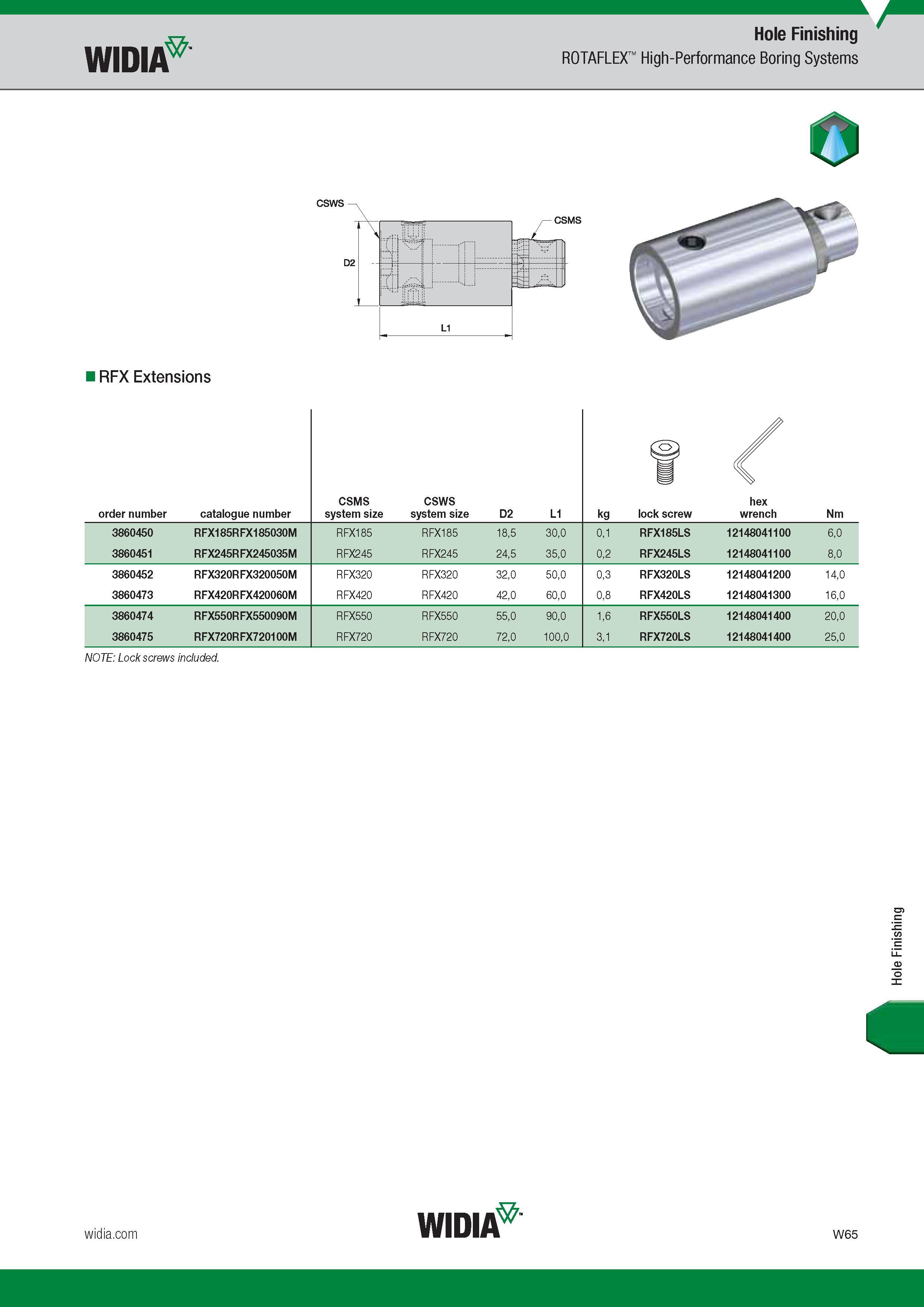 1677 Widia Hole Finishing ROTAFLEX High-Performance Boring Systems csws RFX Extensions Номер для заказа продукции Order number Catalogue number Обозначе Каталог WIDIA 2017 Металлорежущий инструмент Стационарный и вращающийся для металлообрабатывающих станков и оборудования Стр. W65 ENG