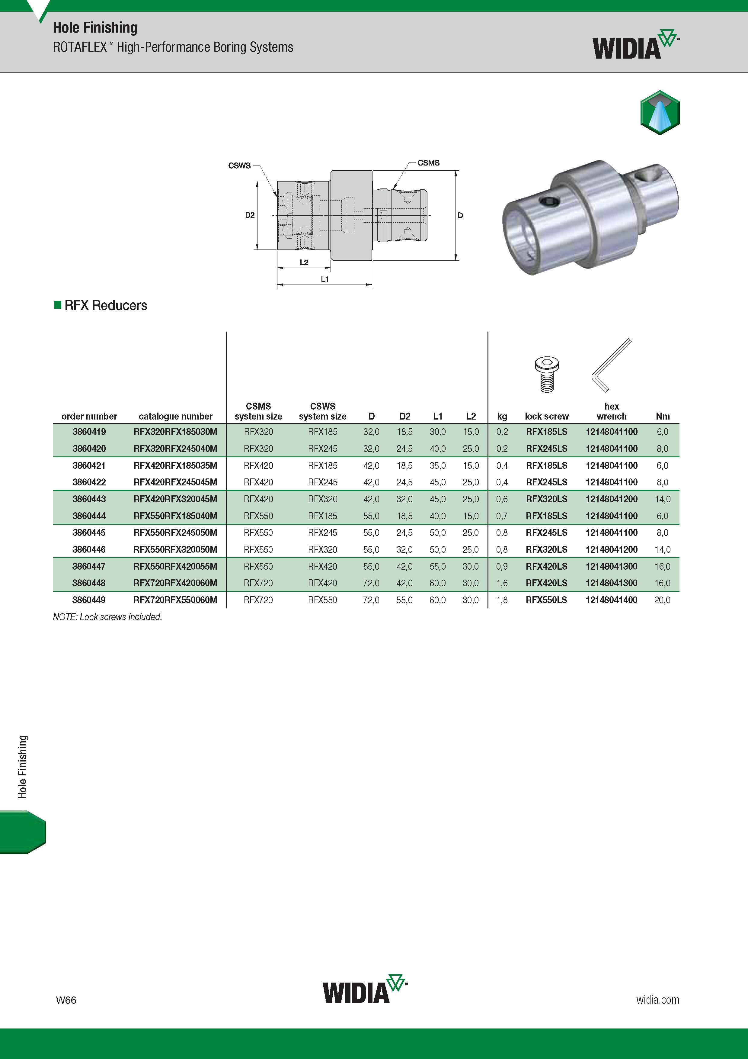 1678 Hole Finishing Hole Finishing ROTAFLEX High-Performance Boring Systems Widia RFX Reducers NOTE Lock screws included Каталог WIDIA 2017 Металлорежущий инструмент Стационарный и вращающийся для металлообрабатывающих станков и оборудования Стр. W66 ENG