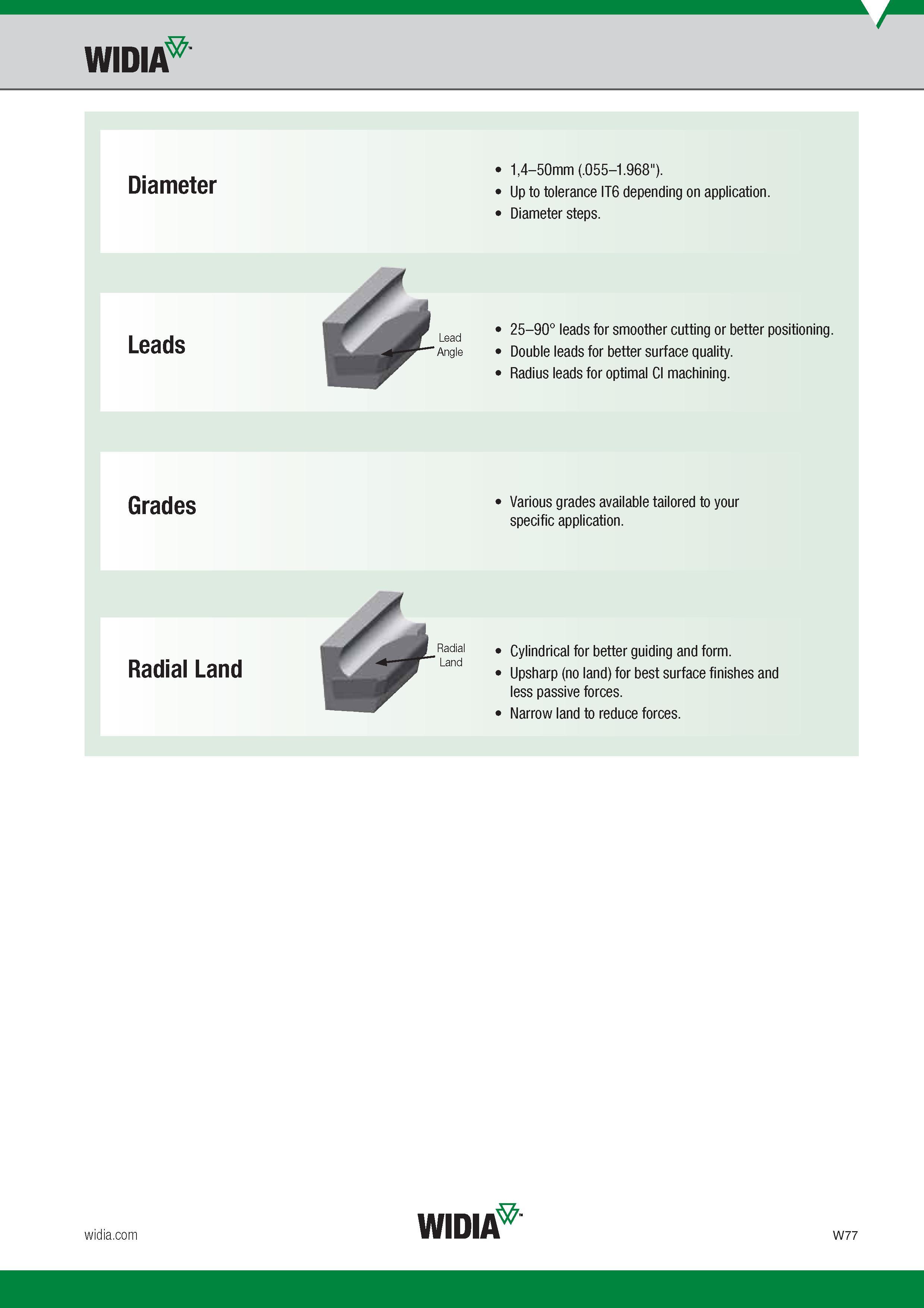 1689 Widia Diameter Leads Grades Radial Land 1,4-50mm ( 055-1 968 ) Up to tolerance IT6 depending on application Diameter steps Various grade s availabl Каталог WIDIA 2017 Металлорежущий инструмент Стационарный и вращающийся для металлообрабатывающих станков и оборудования Стр. W77 ENG