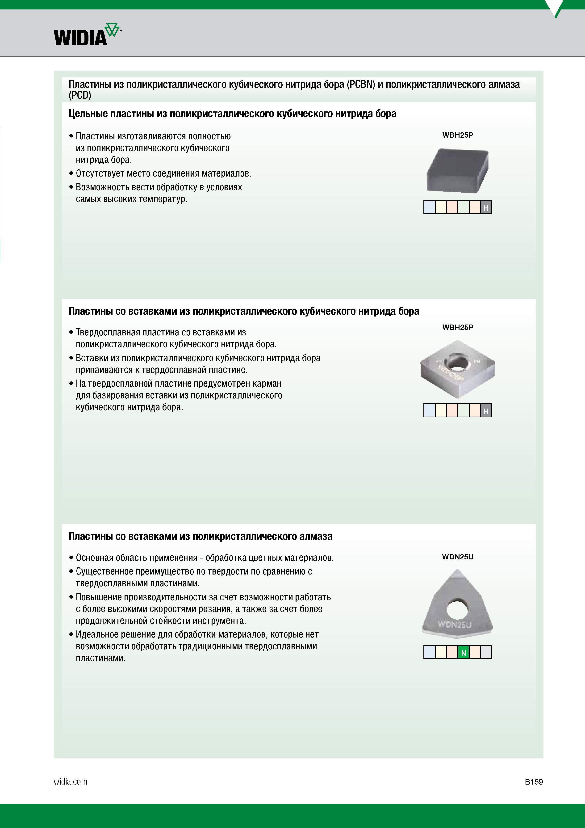 169 Цельные сменные режущие пластины Widia WBH25P из поликристаллического кубического нитрида бора (PCBN) Особенности Отсутствует место соединения ма Каталог WIDIA 2017 Инструмент металлорежущий Токарные резцы и державки с режущими сменными пластинами для наружного внутреннего точения канавок Отрезки Резьбонарезания Стр. B159