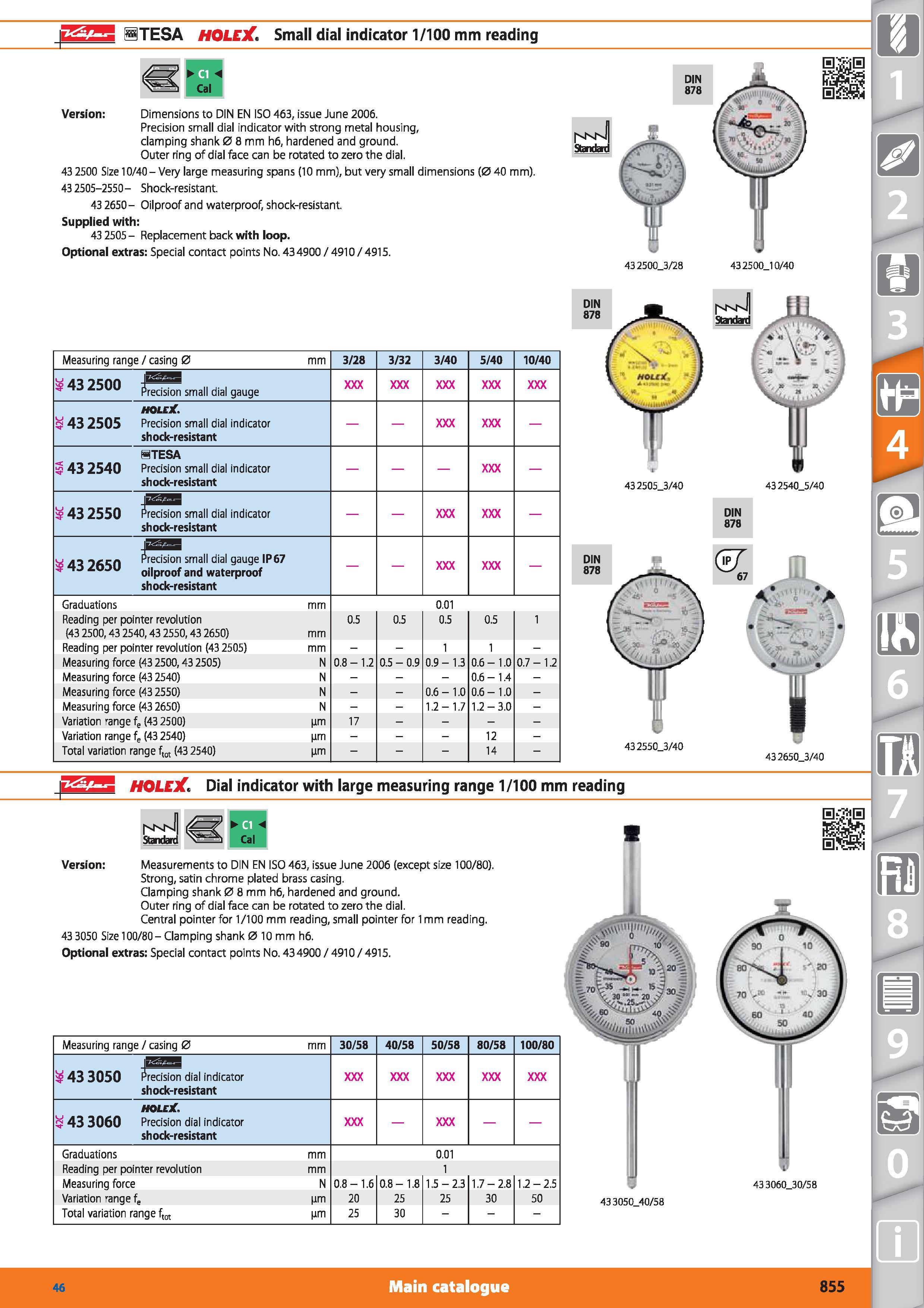 855 HTESA HOLEX Small dial indicator 1/100 mm reading Version Dimensions to DIN EN ISO 463, issue June 2006 Precision small dial indicator with stron Каталог HOFFMANN GROUP 2015 Инструмент режущий слесарный измерительный абразивный Оборудование Комплексные поставки для промышленных предприятий Стр. 855 ENG