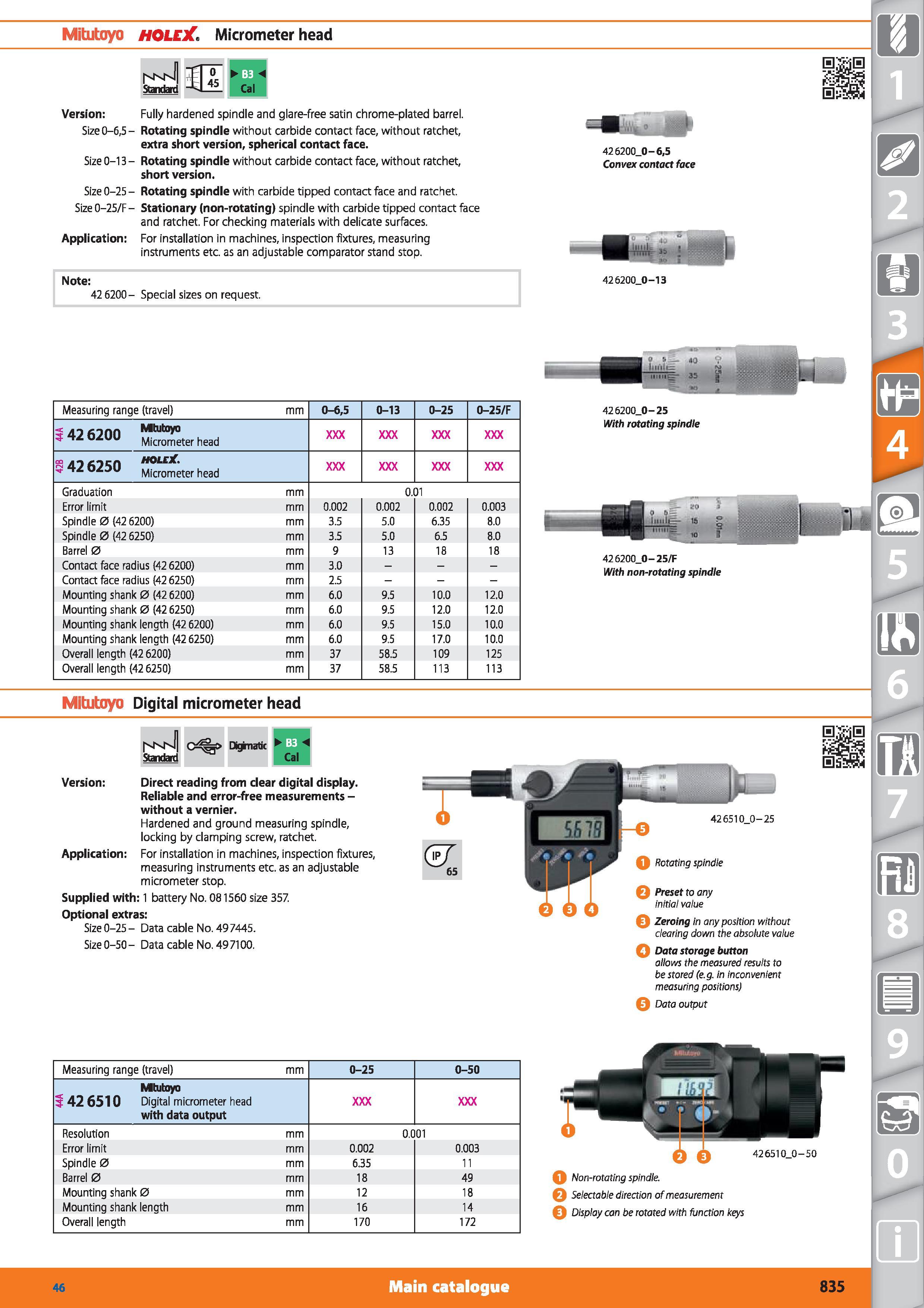 835 Mitutoyo HOLEX Micrometer head Standard Version Fully hardened spindle and glare-free satin chrome-plated barrel Size 0-6,5- Rotating spindle wit Каталог HOFFMANN GROUP 2015 Инструмент режущий слесарный измерительный абразивный Оборудование Комплексные поставки для промышленных предприятий Стр. 835 ENG