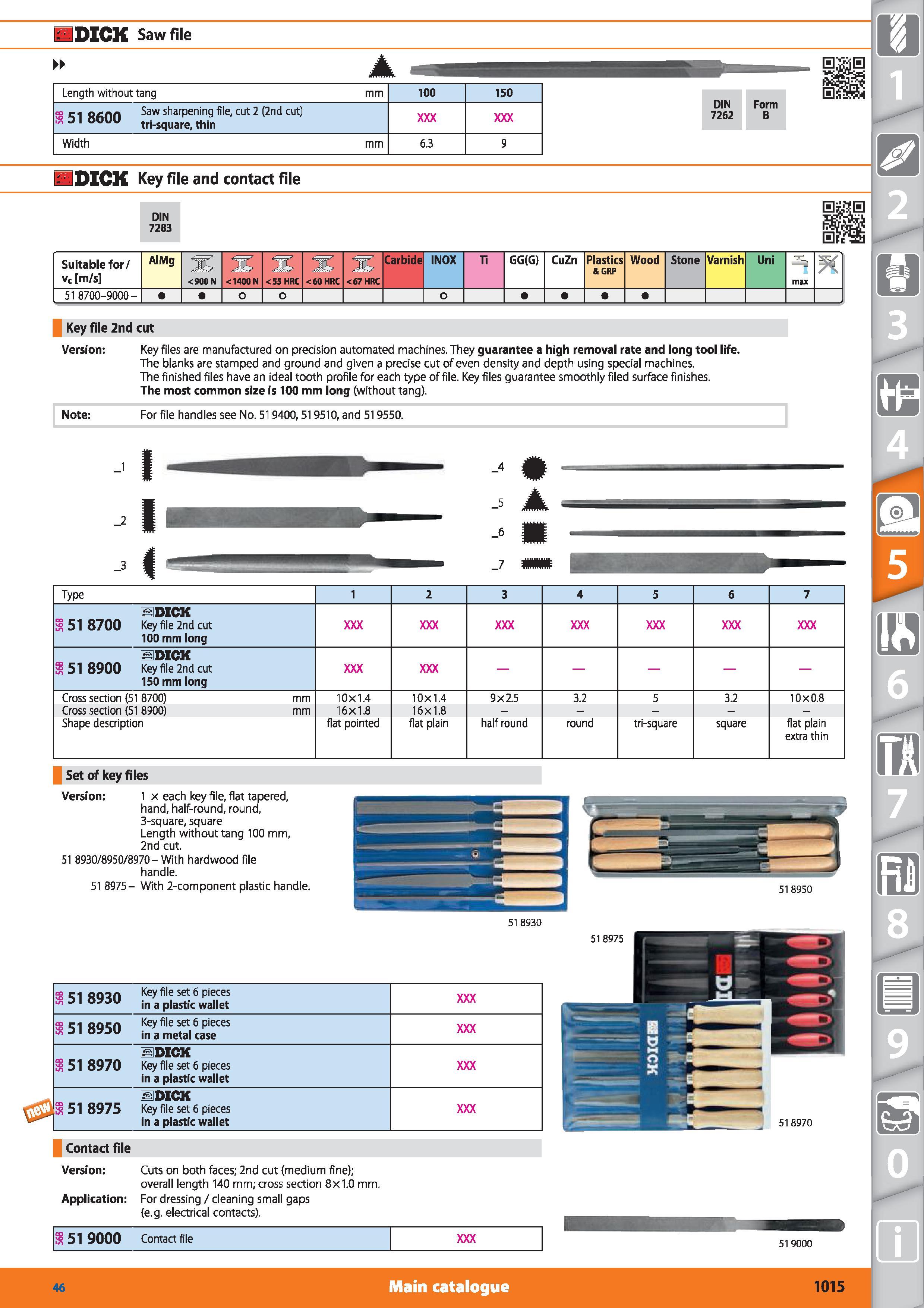 1015 DICK Saw file Length without tang mm 100 150 => ci otnn Saw sharpening file, cut 2 (2nd cut) a 51 8600 tri_square,thin Width mm 6 3 9 DIN 7262 Fo Каталог HOFFMANN GROUP 2015 Инструмент режущий слесарный измерительный абразивный Оборудование Комплексные поставки для промышленных предприятий Стр. 1015 ENG