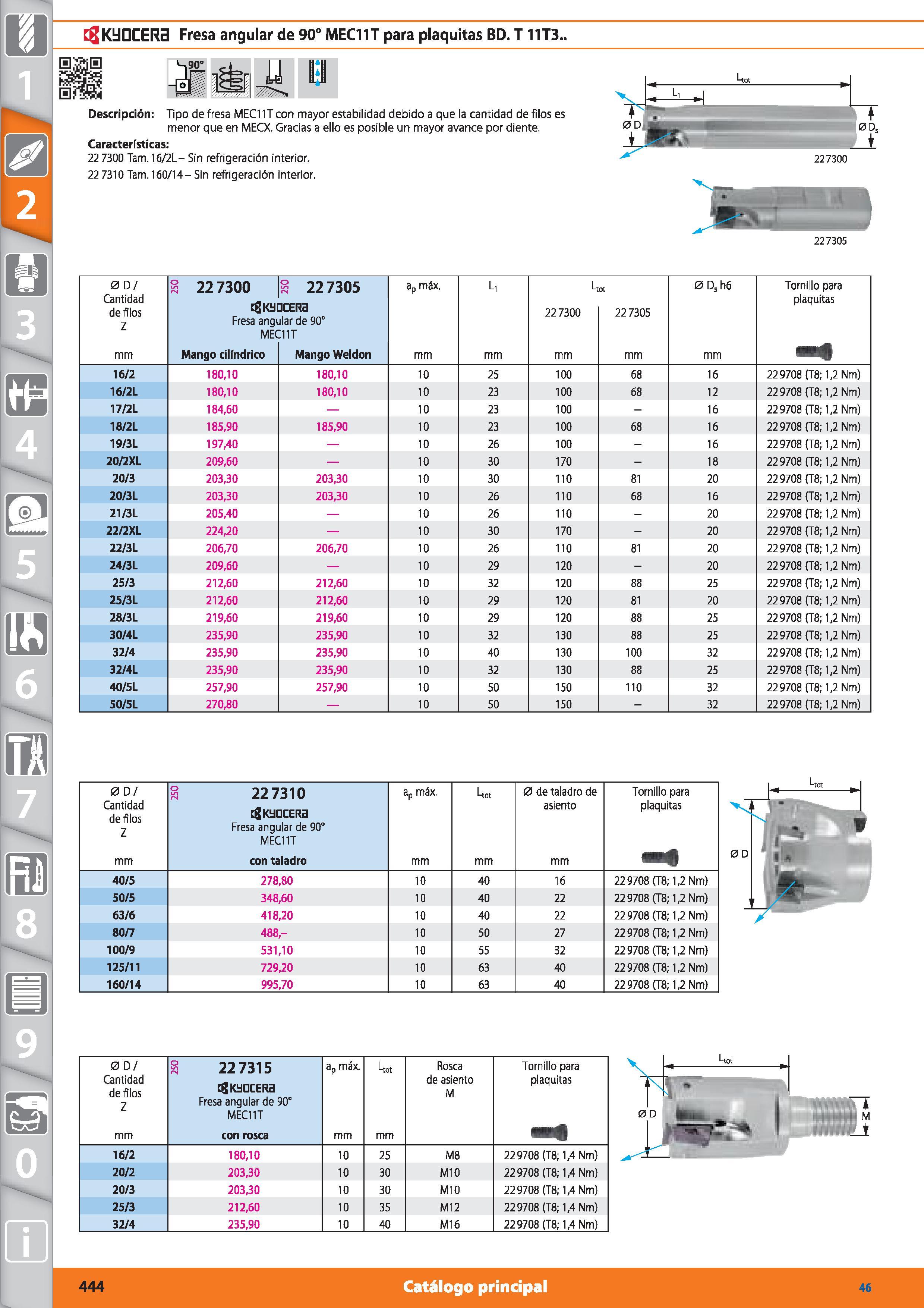 444 m 1 KldGCERa Fresa angular de 90° MEC11T para plaquitas BD T 11T3 , Descripción: Tipo de fresa MECI IT con mayor estabilidad debido a que la cant Каталог HOFFMANN GROUP 2015 Инструмент режущий слесарный измерительный абразивный Оборудование Комплексные поставки для промышленных предприятий Стр. 444 SPA