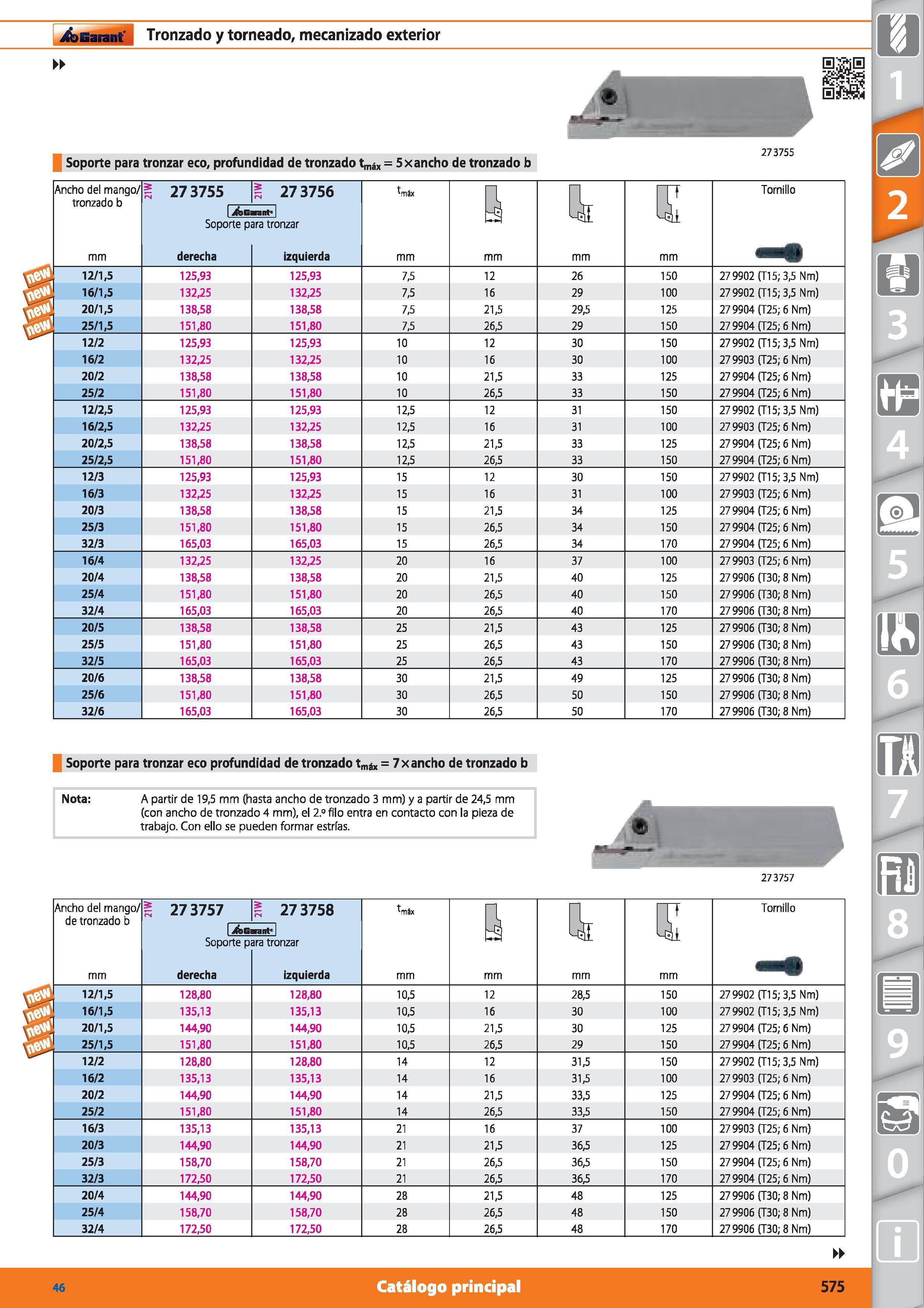575 Garant Tronzado y torneado, mecanizado exterior Soporte para tronzar eco, profundidad de tronzado tmáx = 5 x ancho de tronzado b 273755 Ancho del Каталог HOFFMANN GROUP 2015 Инструмент режущий слесарный измерительный абразивный Оборудование Комплексные поставки для промышленных предприятий Стр. 575 SPA