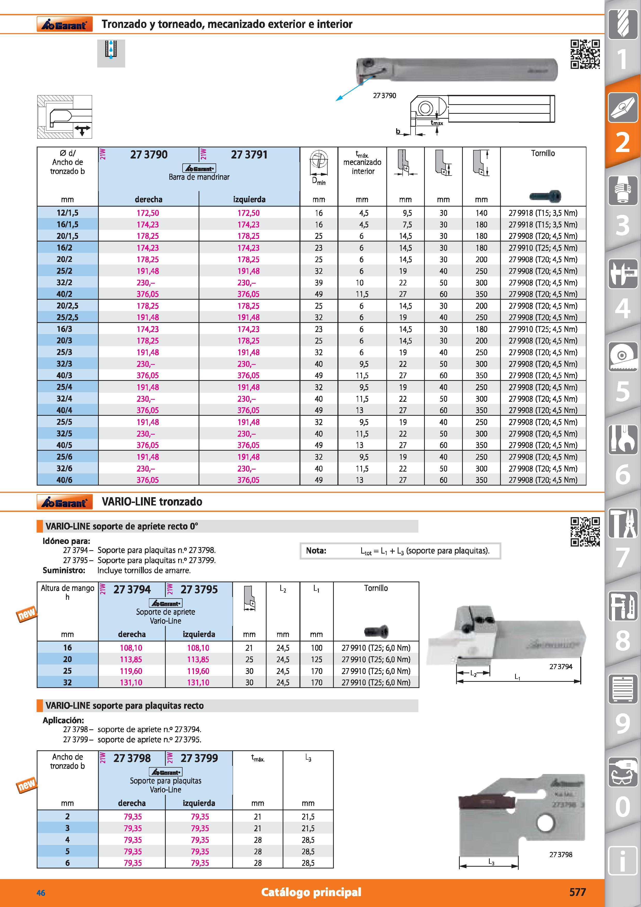 577 Garant Tronzado y torneado, mecanizado exterior e interior 273790 > - tmax 0 d/ Ancho de tronzado b 12/1,5 16/1,5 20/1,5 16/2 20/2 25/2 32/2 40/2 Каталог HOFFMANN GROUP 2015 Инструмент режущий слесарный измерительный абразивный Оборудование Комплексные поставки для промышленных предприятий Стр. 577 SPA