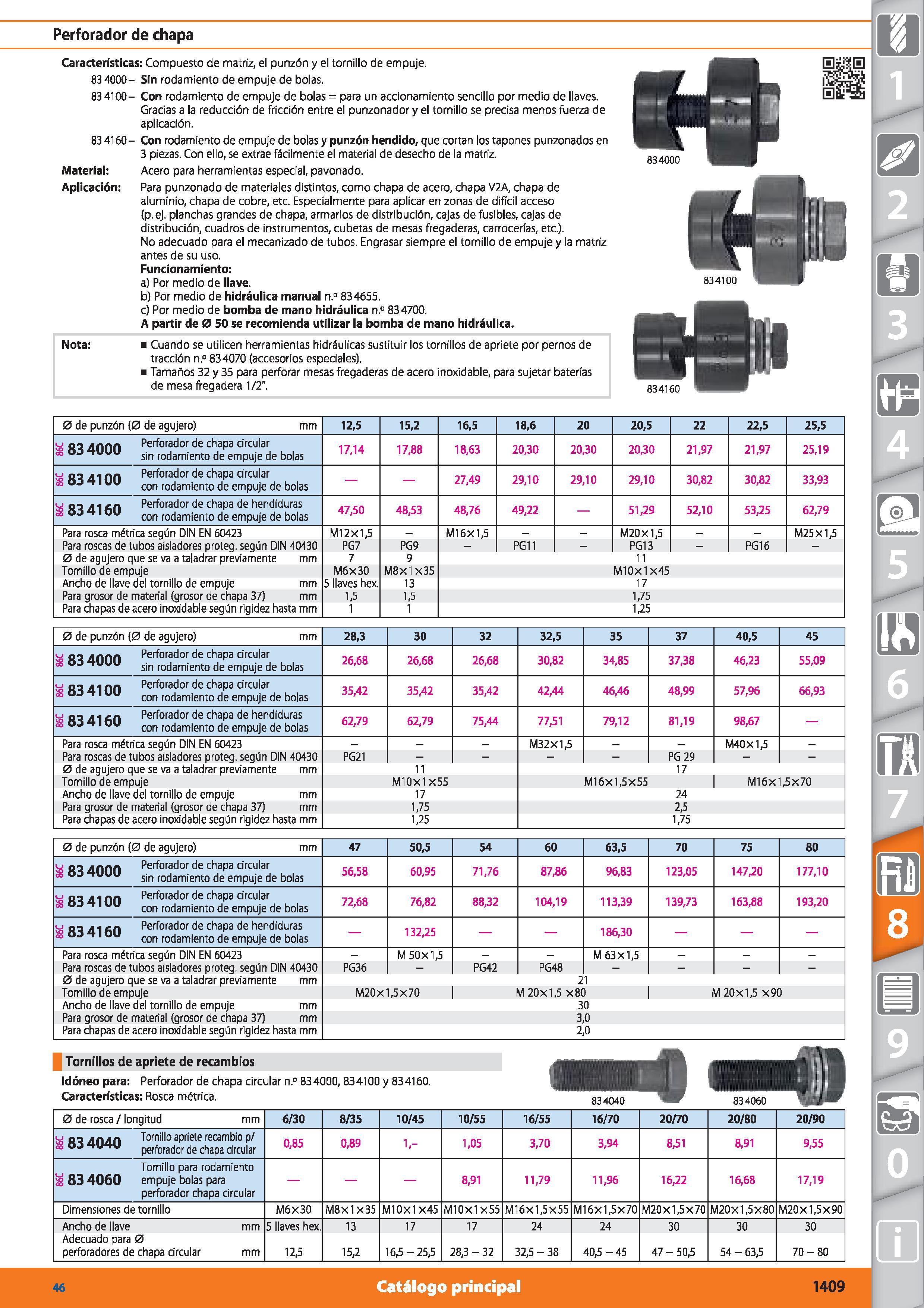 1409 Perforador de chapa 83 4100- 834160- Características: Compuesto de matriz, el punzón y el tornillo de empuje 83 4000- Sin rodamiento de empuje de Каталог HOFFMANN GROUP 2015 Инструмент режущий слесарный измерительный абразивный Оборудование Комплексные поставки для промышленных предприятий Стр. 1409 SPA