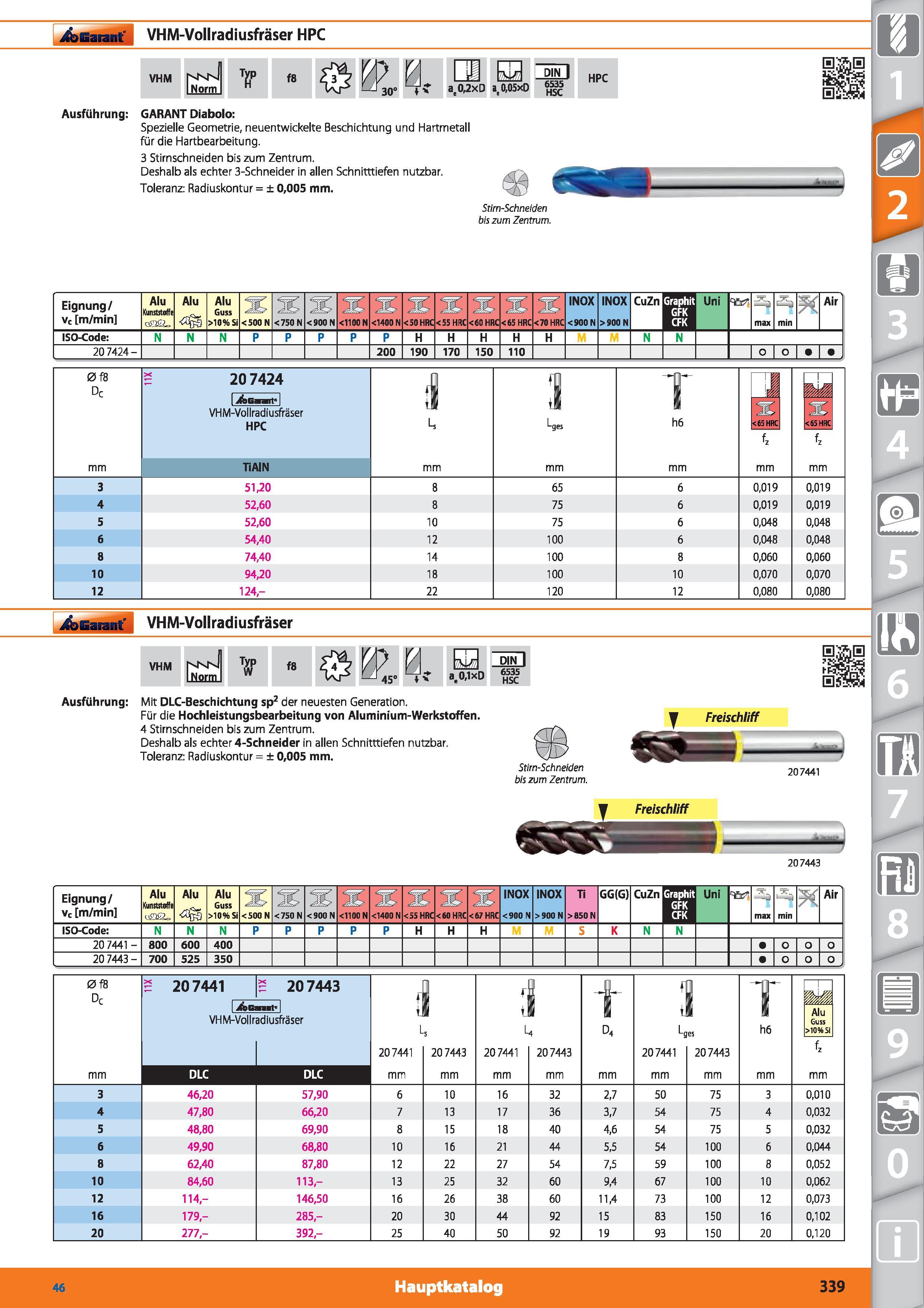 339 Garant VHM-Vollradiusfräser HPC VHM WL 1' 0,05xD DIN I 6535 HSC HPC Ausführung GARANT Diabolo Spezielle Geometrie, neuentwickelte Beschichtu Каталог HOFFMANN GROUP 2015 Инструмент режущий слесарный измерительный абразивный Оборудование Комплексные поставки для промышленных предприятий DEU Стр. 339